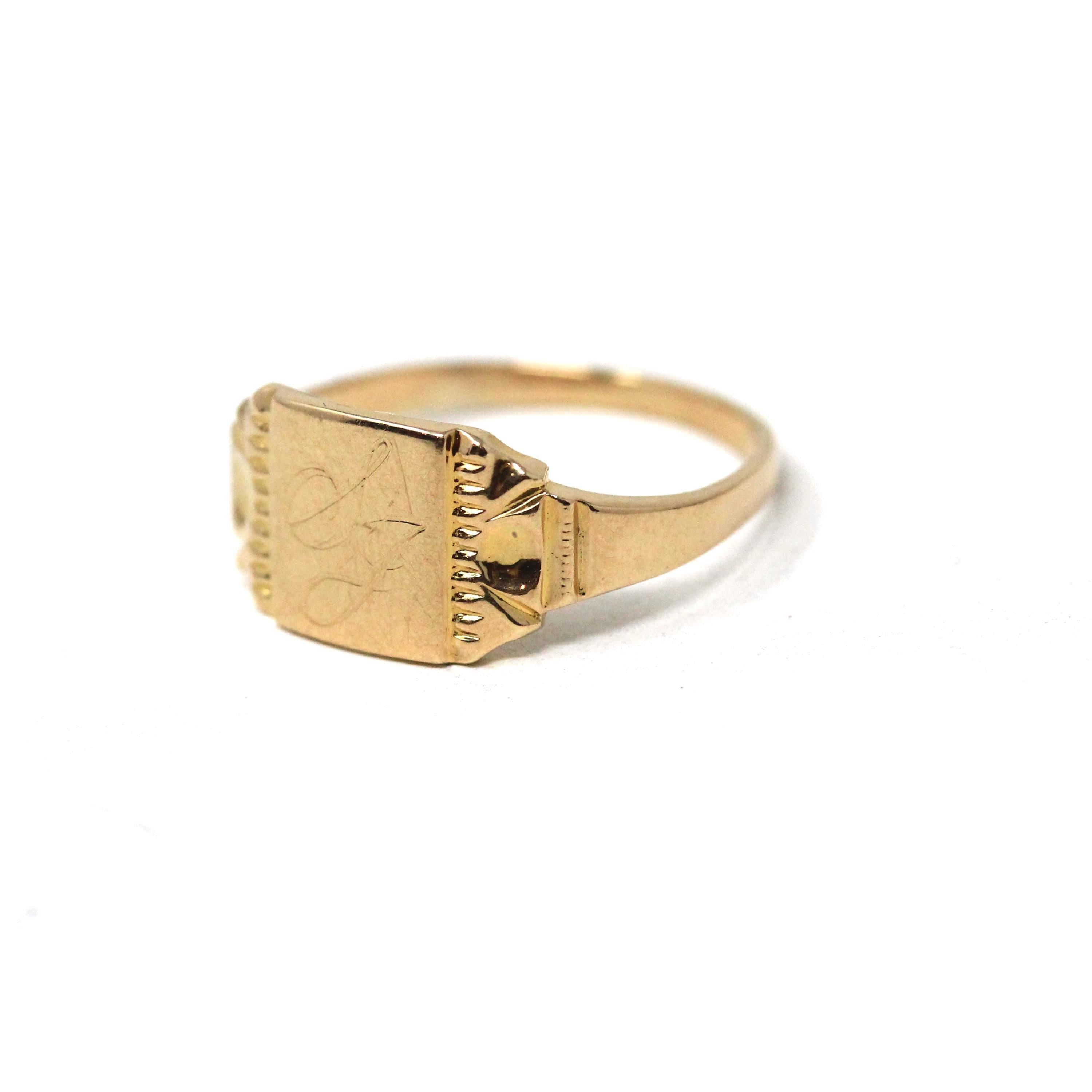Vintage "SJ" Signet Ring - Mid Century 10k Yellow Gold Engraved Initials Script Letters - Circa 1940s Era Size 4 1/4 Petite BDA Fine Jewelry