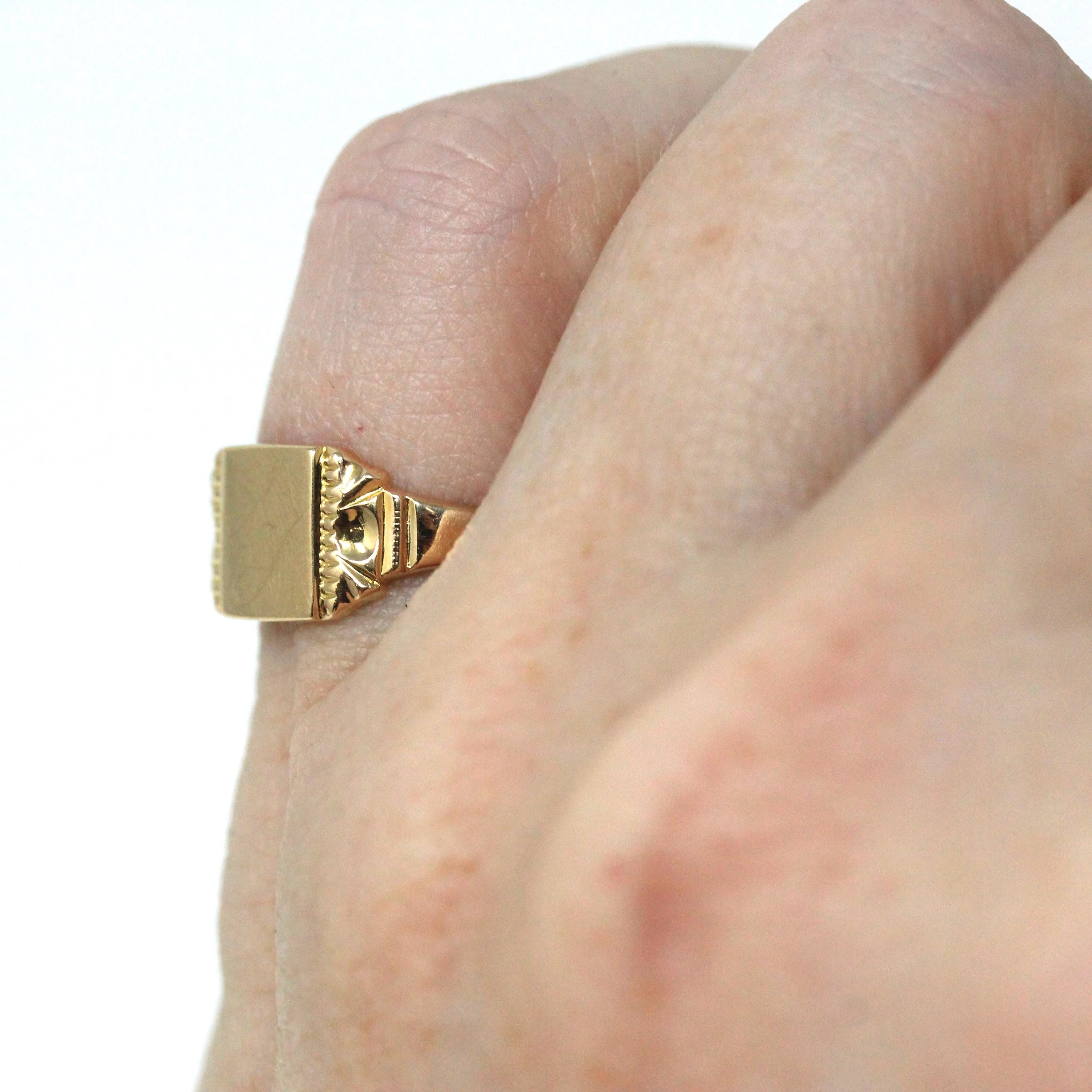 Vintage "SJ" Signet Ring - Mid Century 10k Yellow Gold Engraved Initials Script Letters - Circa 1940s Era Size 4 1/4 Petite BDA Fine Jewelry