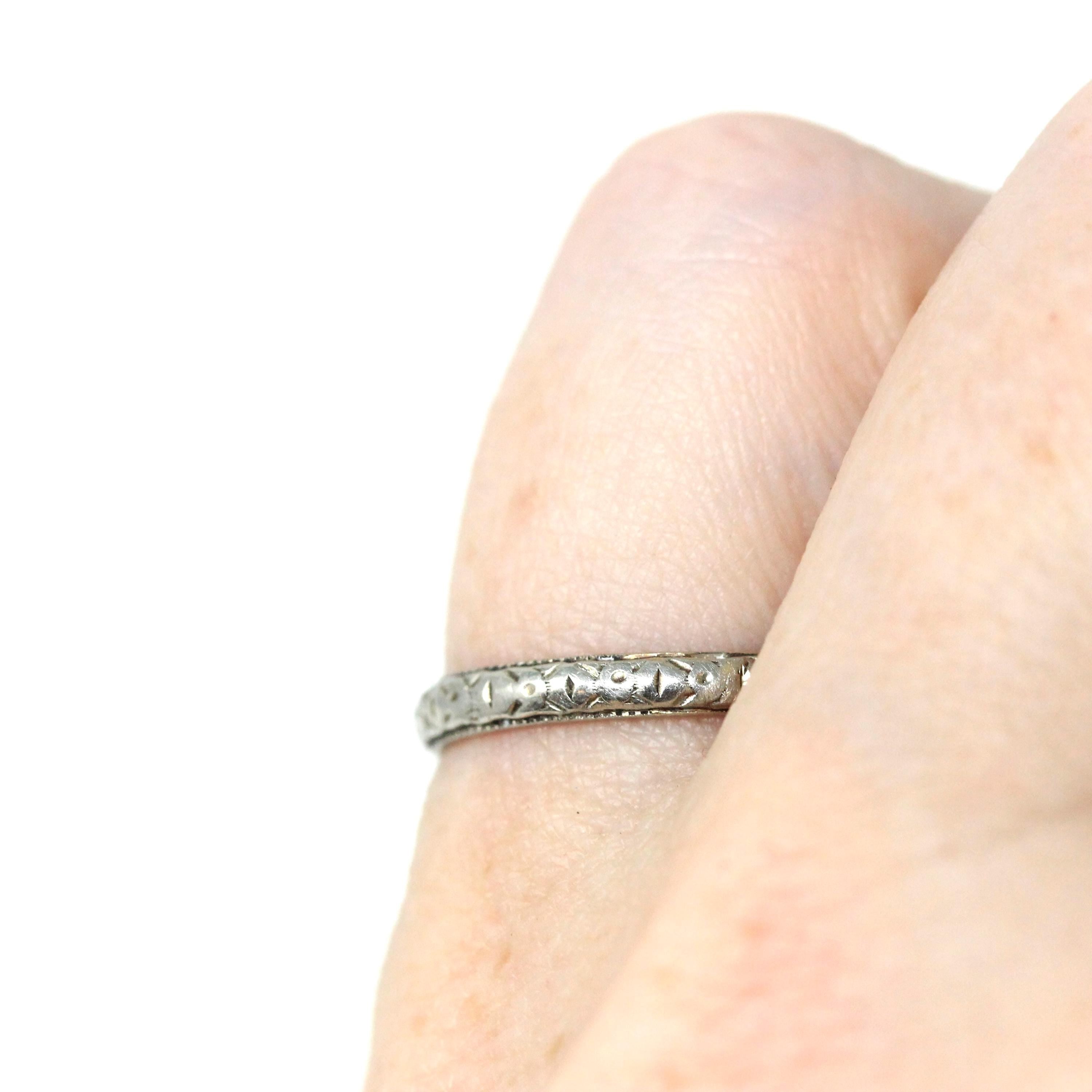 Antique Wedding Band - Art Deco Era 18k White Gold Eternity Design Ring - Vintage Circa 1930s Size 5 1/4 Stacking Bridal Fine Unisex Jewelry