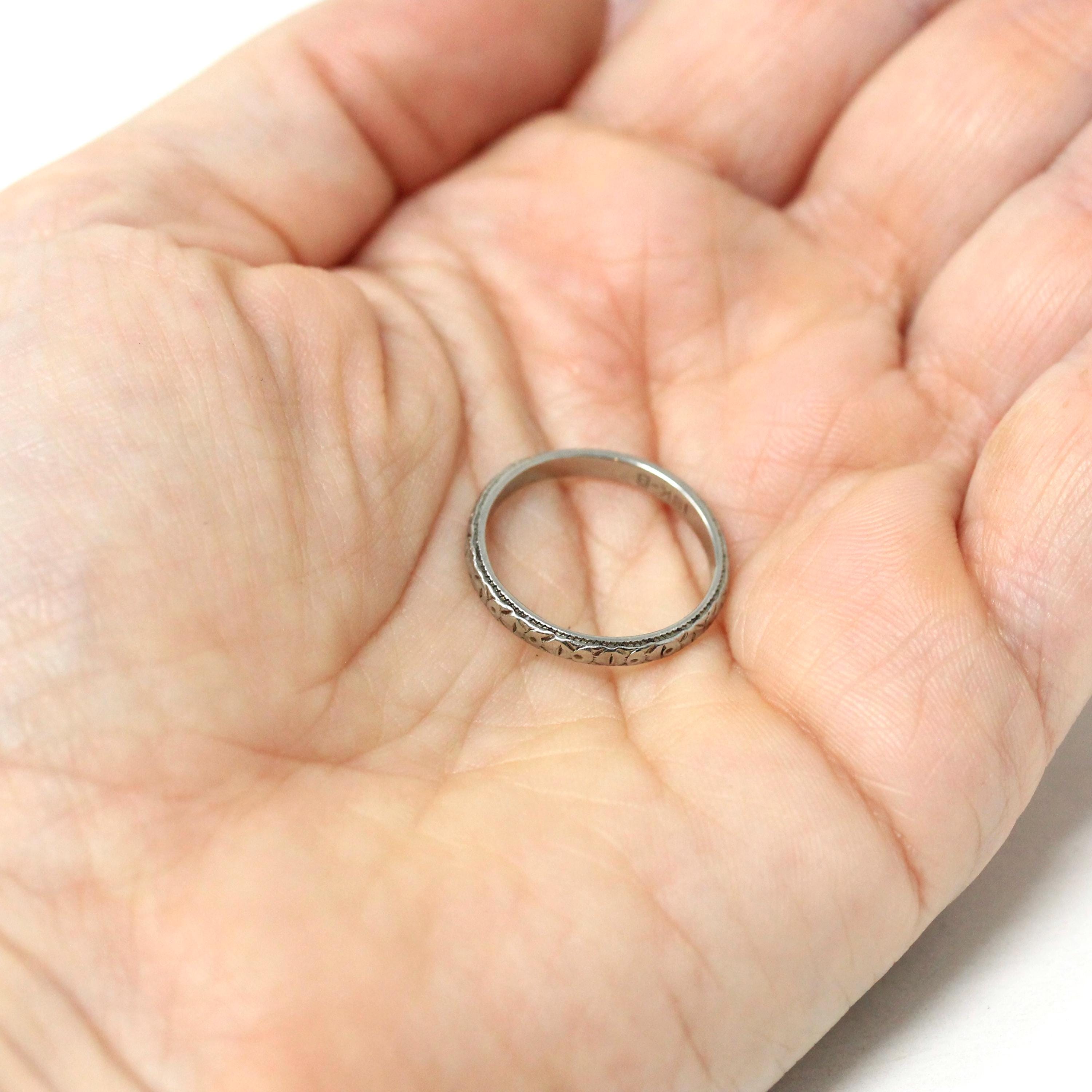 Antique Wedding Band - Art Deco Era 18k White Gold Eternity Design Ring - Vintage Circa 1930s Size 5 1/4 Stacking Bridal Fine Unisex Jewelry