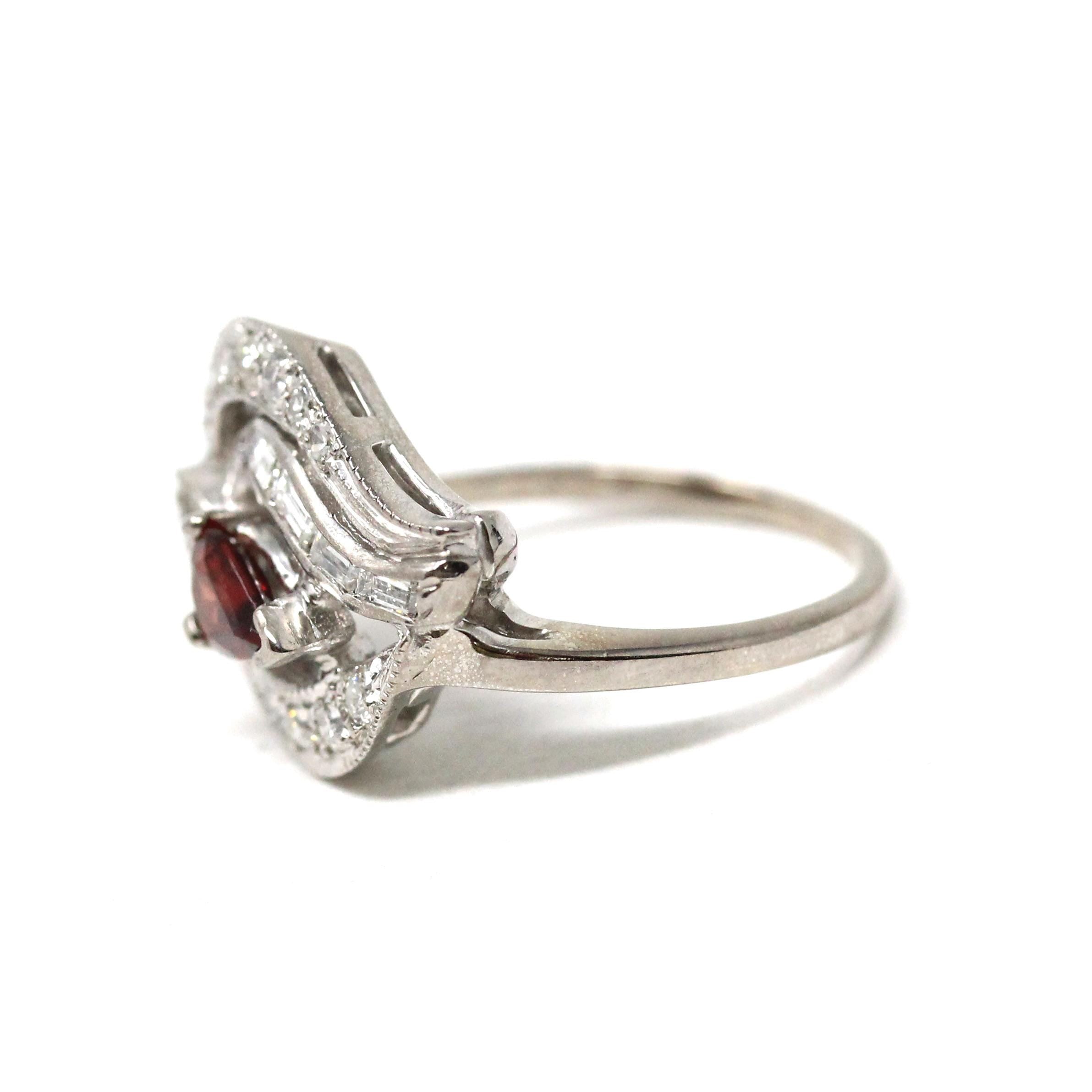 Vintage Cocktail Ring - Mid Century 14k White Gold Natural Garnet Diamonds Statement - Circa 1950s Era Size 4 3/4 Cluster Swirl Fine Jewelry