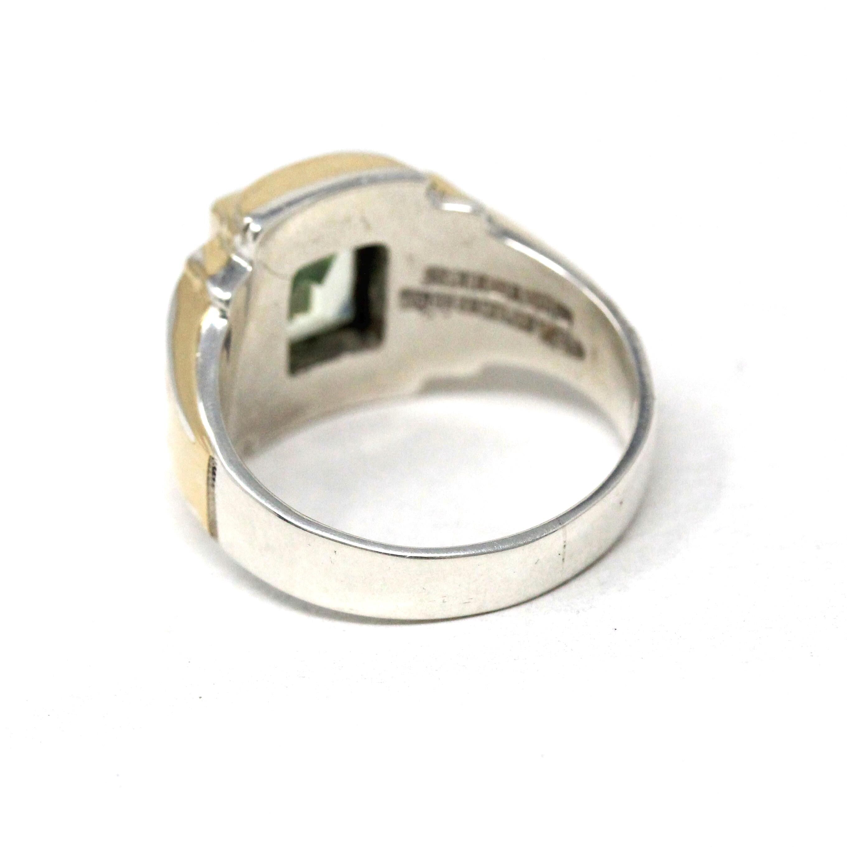 Created Spinel Ring - Retro Sterling Silver & 10k Gold Rectangular Faceted Cut Pale Green Stone - Circa 1940s Era Size 9 Statement Jewelry