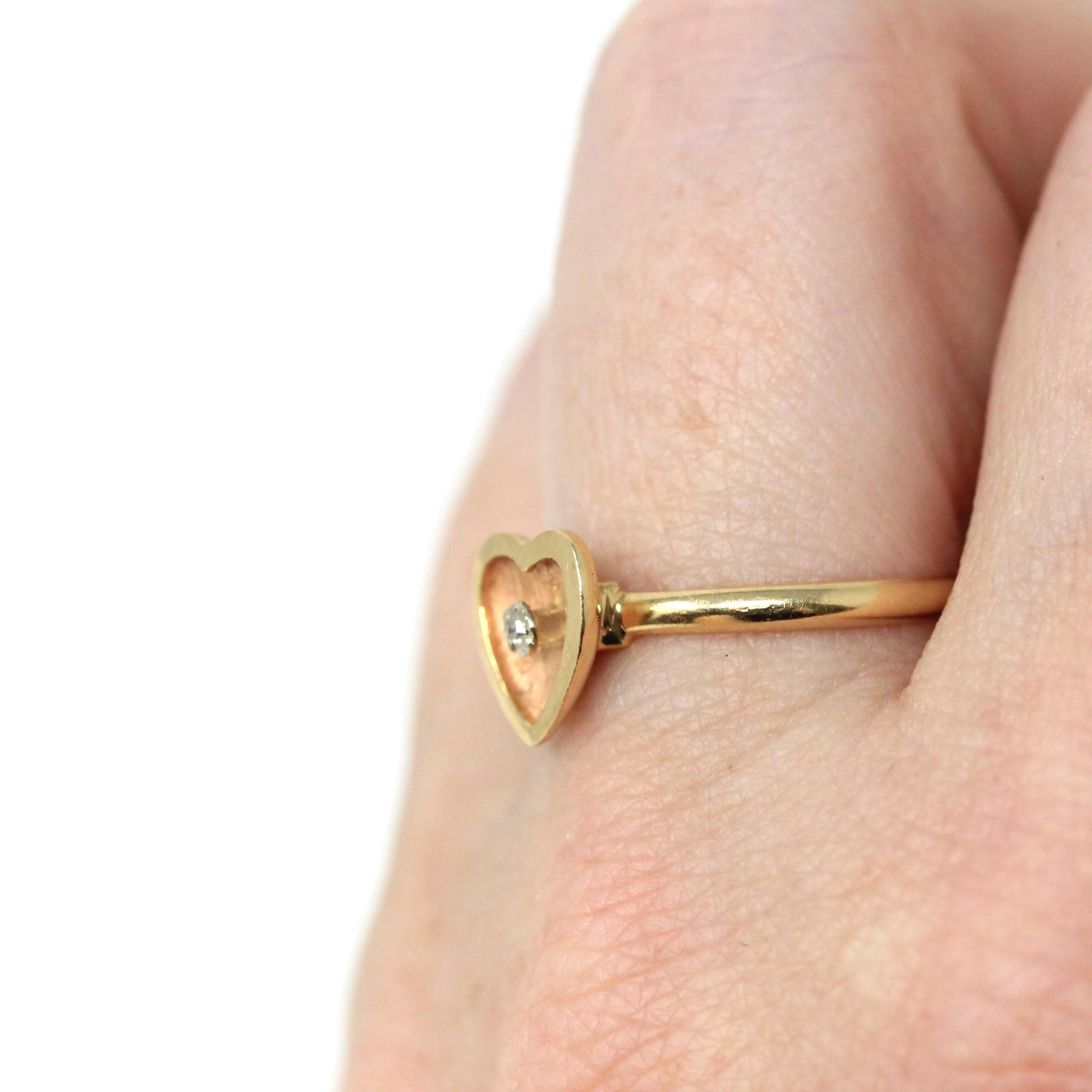 Diamond Heart Ring - Estate 14k Yellow Gold Natural .01 CT Gemstone - Modern Circa 1990's Era Size 6 3/4 Florentine Finish Love Fine Jewelry