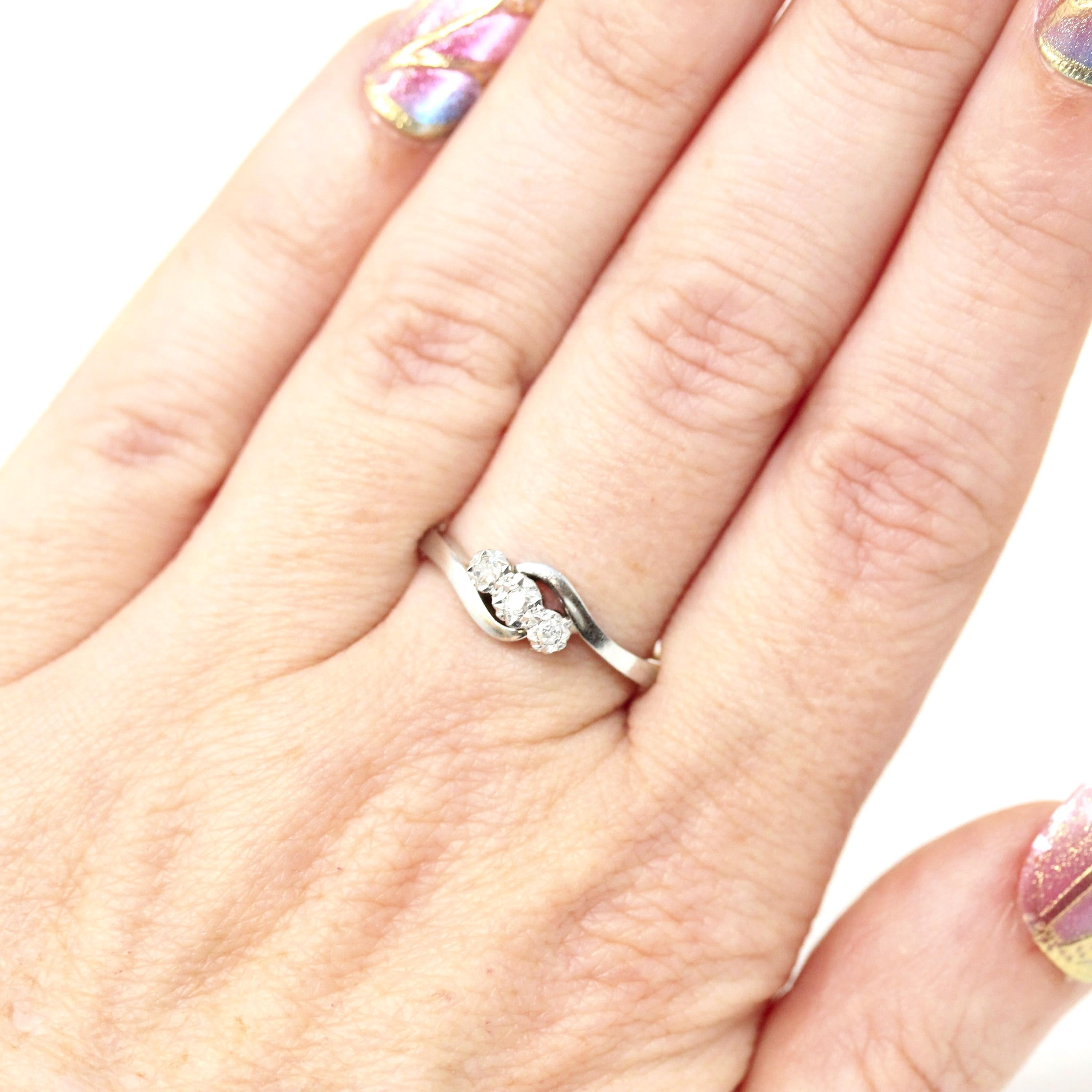 Diamond Bypass Ring - Retro 18k Yellow Gold & Platinum Natural Gemstone Bypass Band - Circa 1970s Era Size 7 1/4 Fine Engagement Jewelry