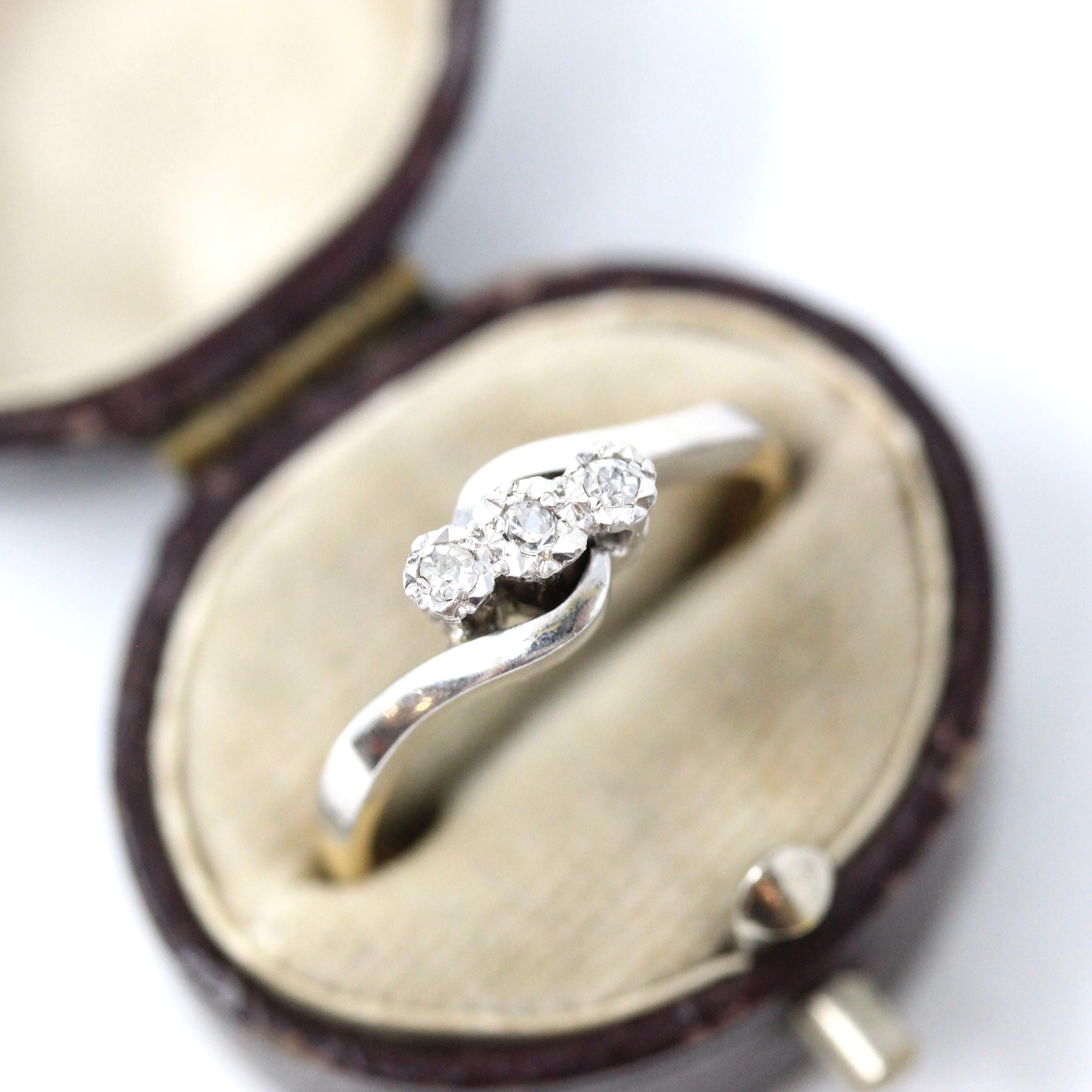 Diamond Bypass Ring - Retro 18k Yellow Gold & Platinum Natural Gemstone Bypass Band - Circa 1970s Era Size 7 1/4 Fine Engagement Jewelry