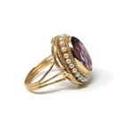 Mid Century Amethyst Ring - Vintage 14k Yellow Gold Purple Gemstone - Circa 1940s Era Size 7 3/4 Seed Pearl Halo Fine Statement Jewelry