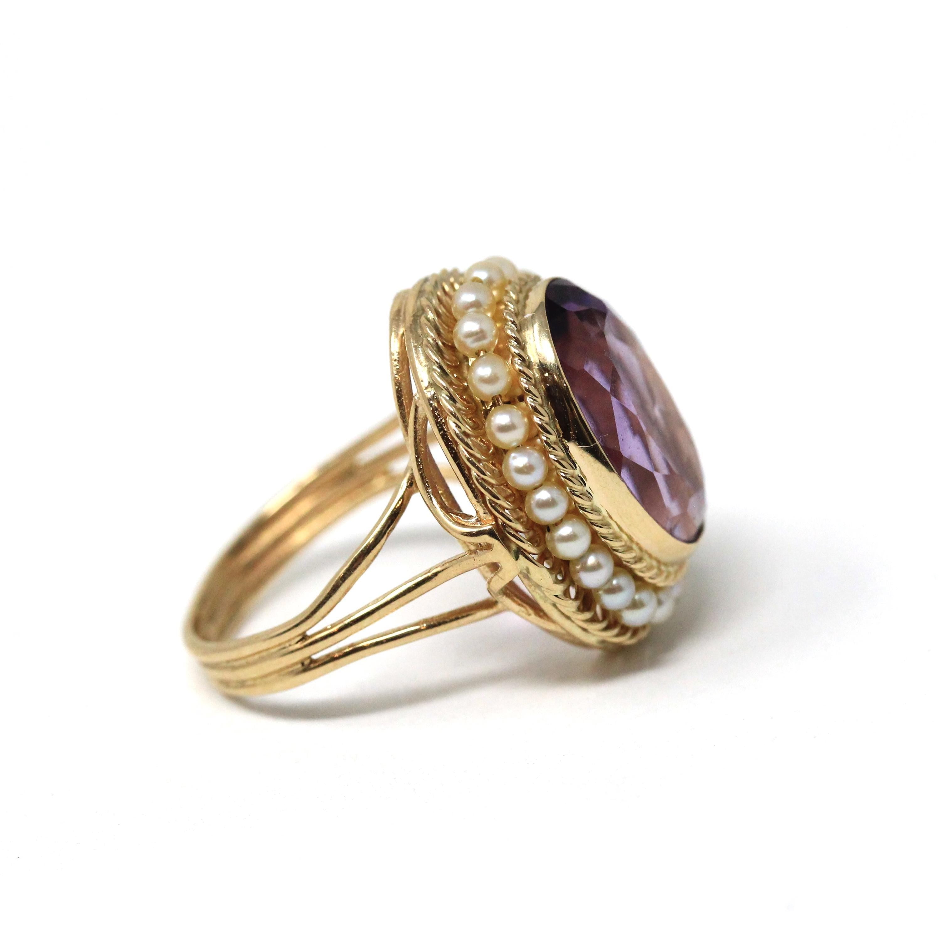 Mid Century Amethyst Ring - Vintage 14k Yellow Gold Purple Gemstone - Circa 1940s Era Size 7 3/4 Seed Pearl Halo Fine Statement Jewelry