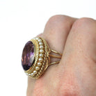 Mid Century Amethyst Ring - Vintage 14k Yellow Gold Purple Gemstone - Circa 1940s Era Size 7 3/4 Seed Pearl Halo Fine Statement Jewelry