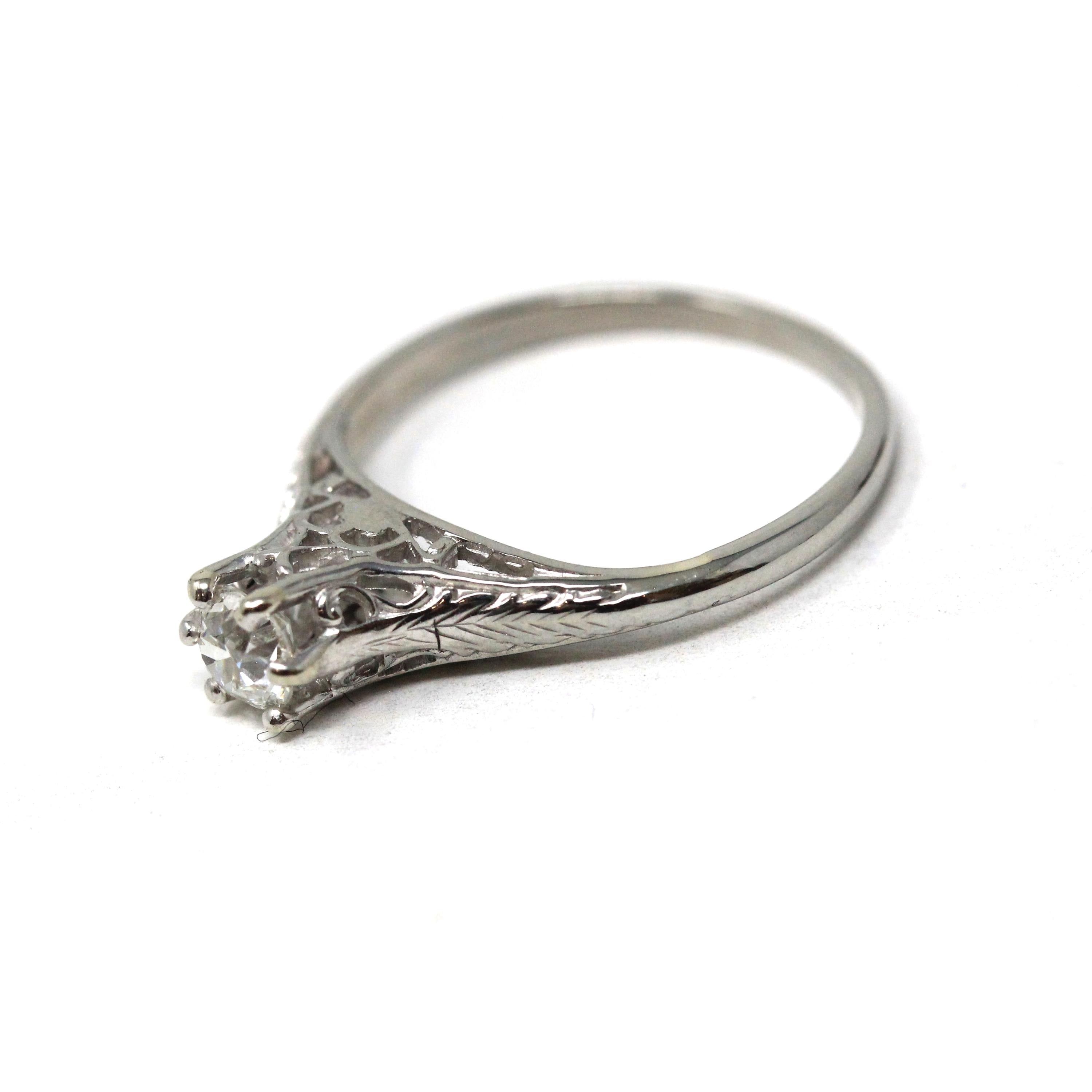 Vintage Diamond Ring - Art Deco 18k White Gold Natural Gemstone Basket Cathedral Solitaire - Circa 1930s Size 5 1/2 Filigree Fine Jewelry