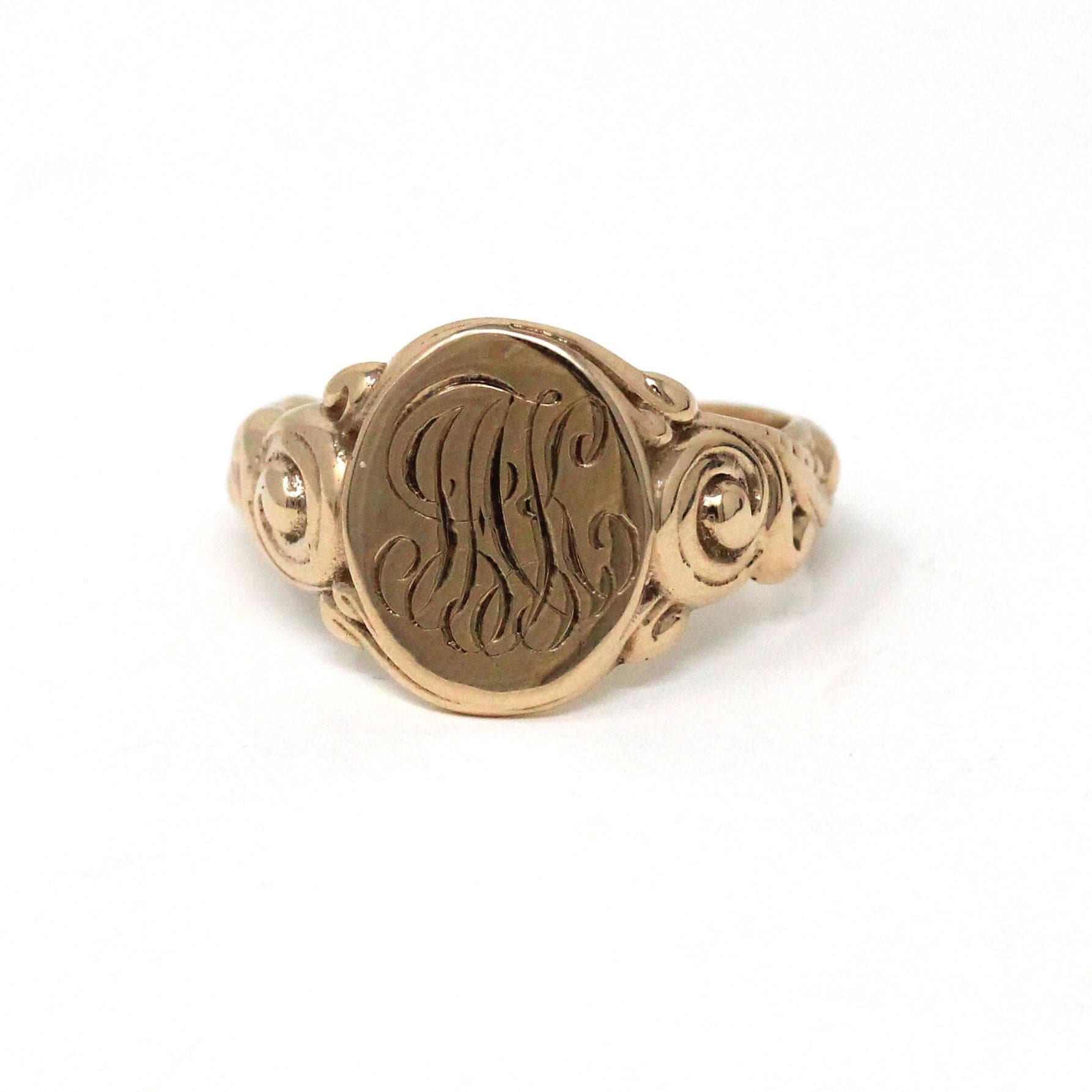 Edwardian Signet Ring - Antique 10k Rosy Yellow Gold JAK Engraved Monogram Initials - Art Nouveau 1910s Era Size 6 1/2 Fine Scroll Jewelry