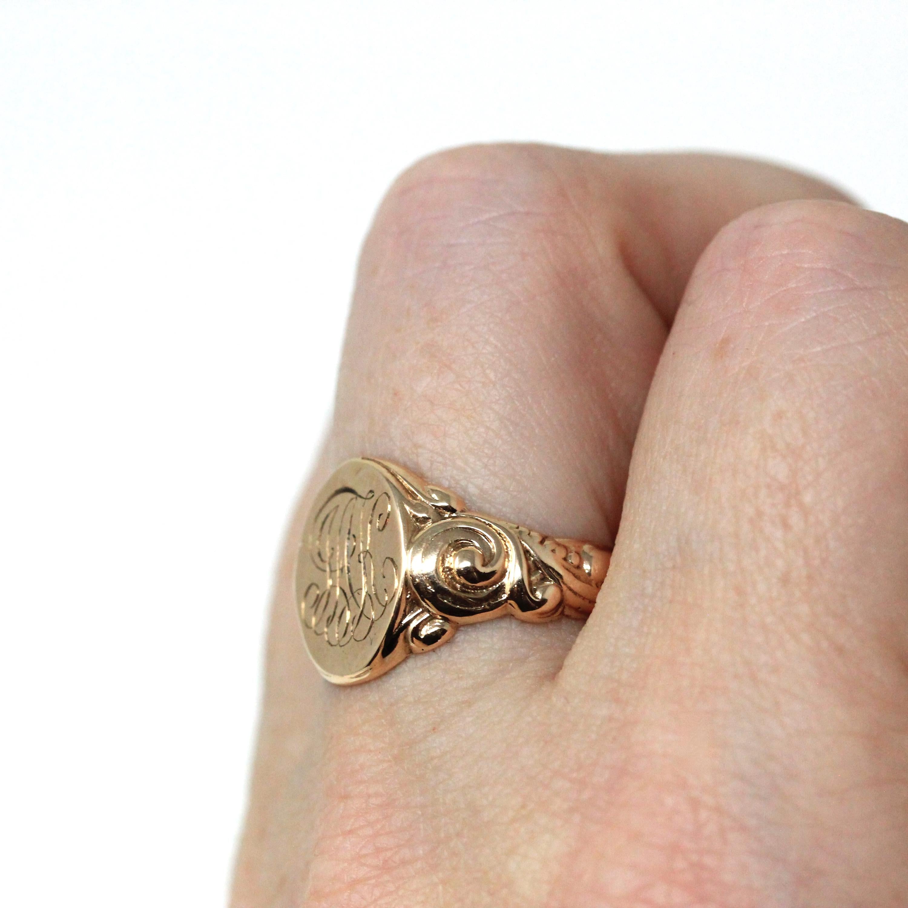 Edwardian Signet Ring - Antique 10k Rosy Yellow Gold JAK Engraved Monogram Initials - Art Nouveau 1910s Era Size 6 1/2 Fine Scroll Jewelry