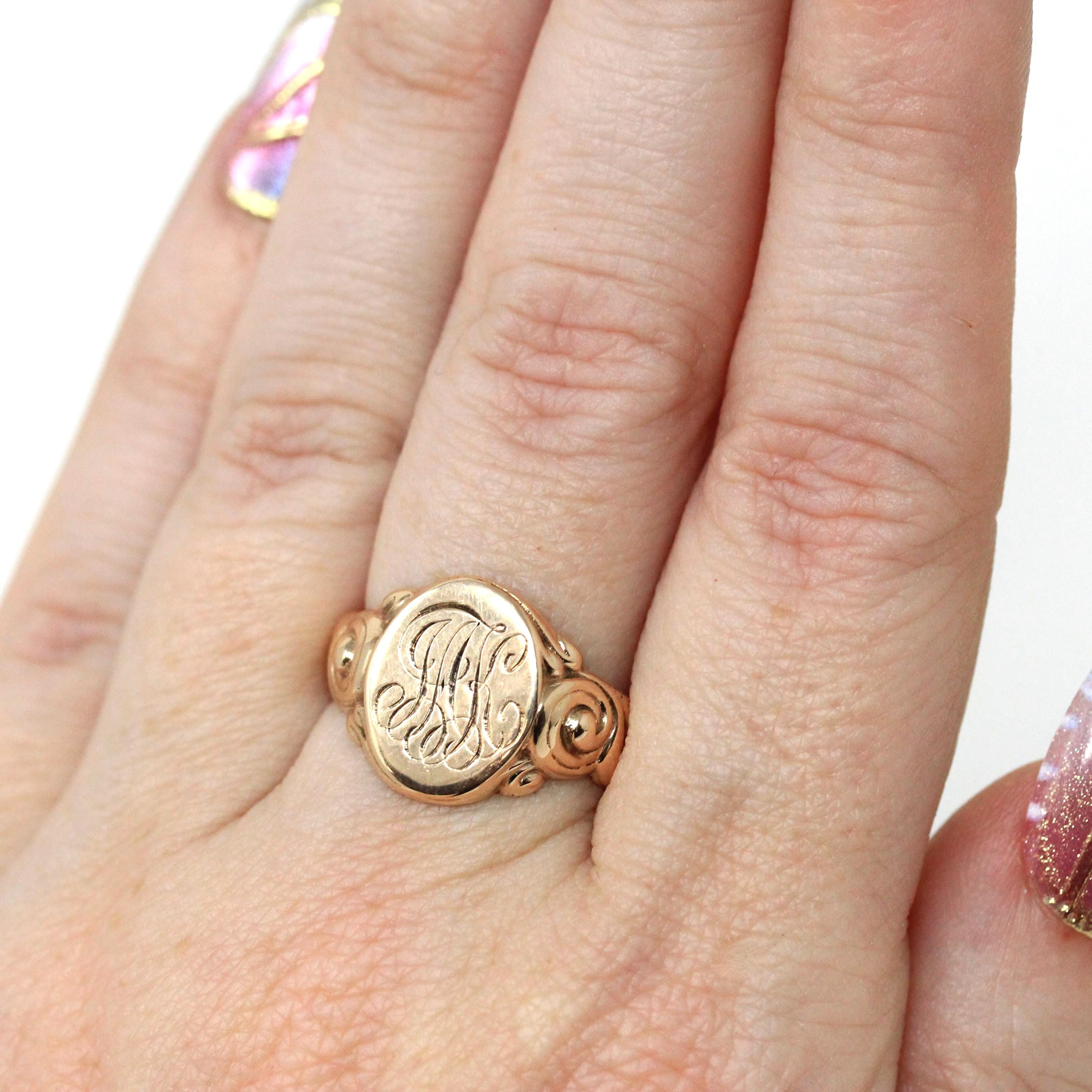 Edwardian Signet Ring - Antique 10k Rosy Yellow Gold JAK Engraved