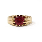Created Ruby Ring - Mid Century 10k Yellow Gold Round Faceted July Birthstone - Vintage Circa 1940s Era Size 8 3/4 Statement Fine Jewelry