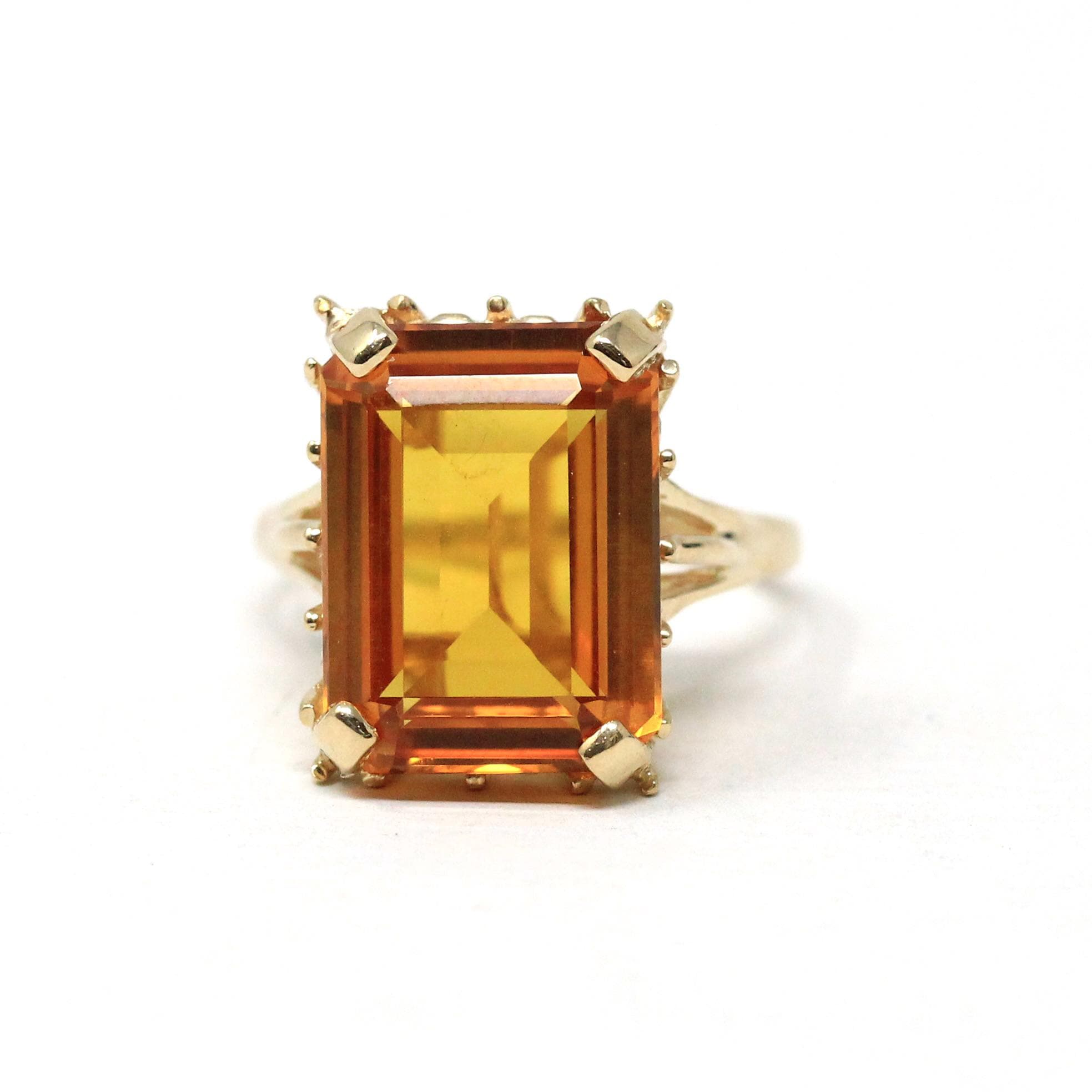 Created Orange Sapphire Ring - Estate 14k Yellow Gold Emerald Cut 11.50 CT Gem - Vintage Circa 2000s Era Size 8 1/2 Statement Fine Jewelry