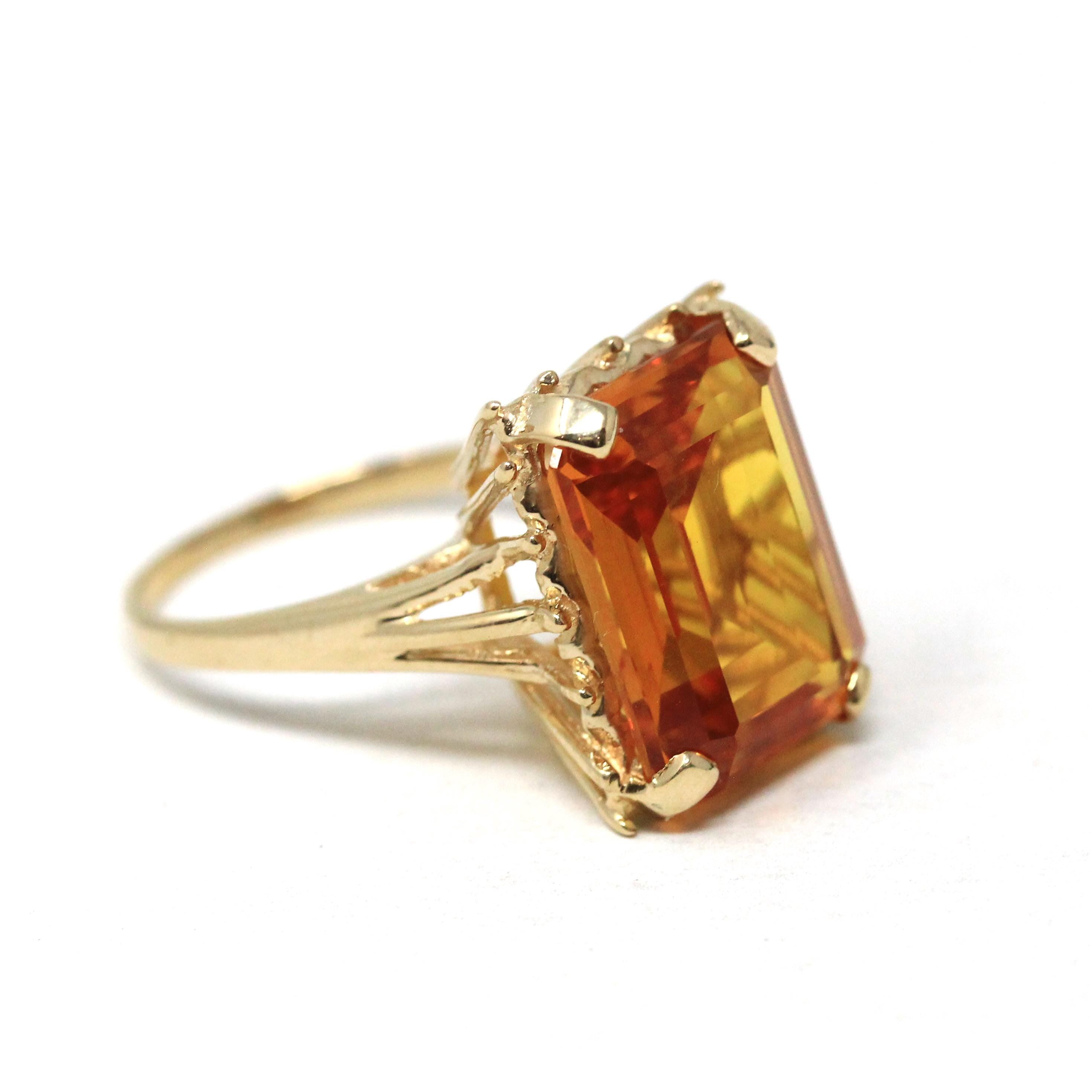 Created Orange Sapphire Ring - Estate 14k Yellow Gold Emerald Cut 11.50 CT Gem - Vintage Circa 2000s Era Size 8 1/2 Statement Fine Jewelry