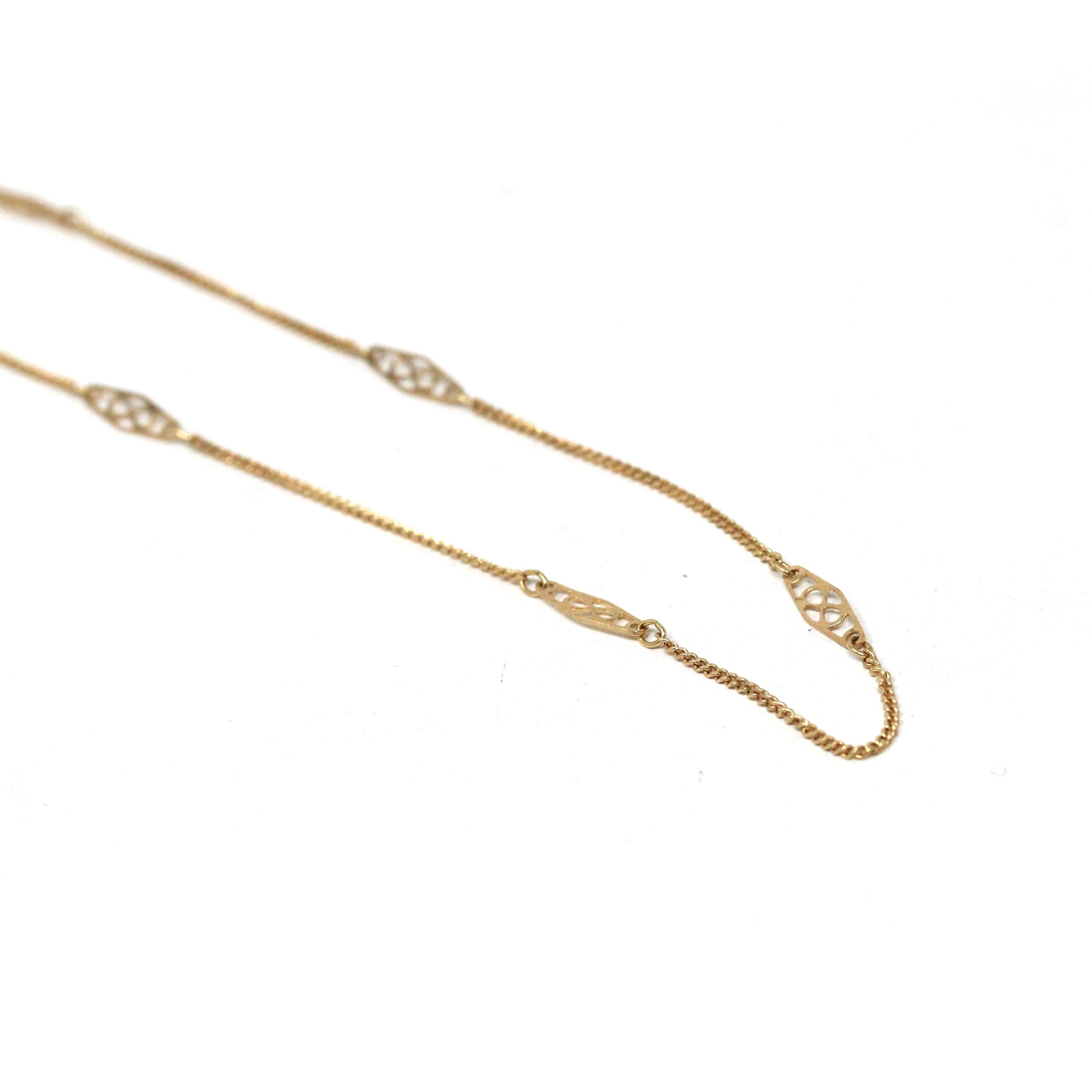 Delicate Retro Necklace - Vintage 70s 14k Infinity Symbol Filigree Style Stations & Curb Chain - Circa 1970s - 19 Inches Retro Era Jewelry