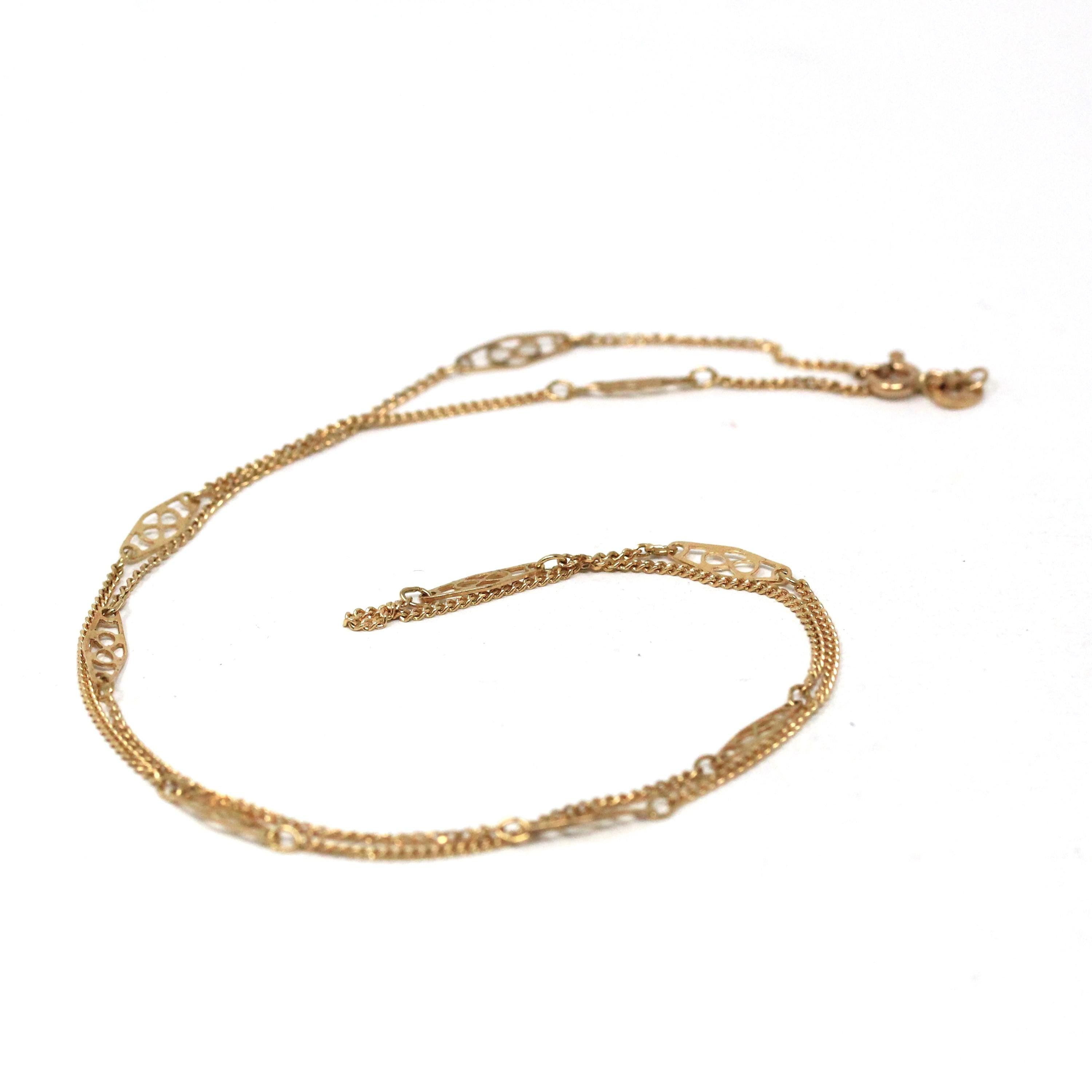 Delicate Retro Necklace - Vintage 70s 14k Infinity Symbol Filigree Style Stations & Curb Chain - Circa 1970s - 19 Inches Retro Era Jewelry