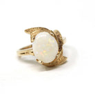 Vintage Opal Ring - Retro 14k Yellow Gold Natural Gemstone Solitaire - Circa 1970s Size 6 Swoop Leaf Design October Birthstone Fine Jewelry