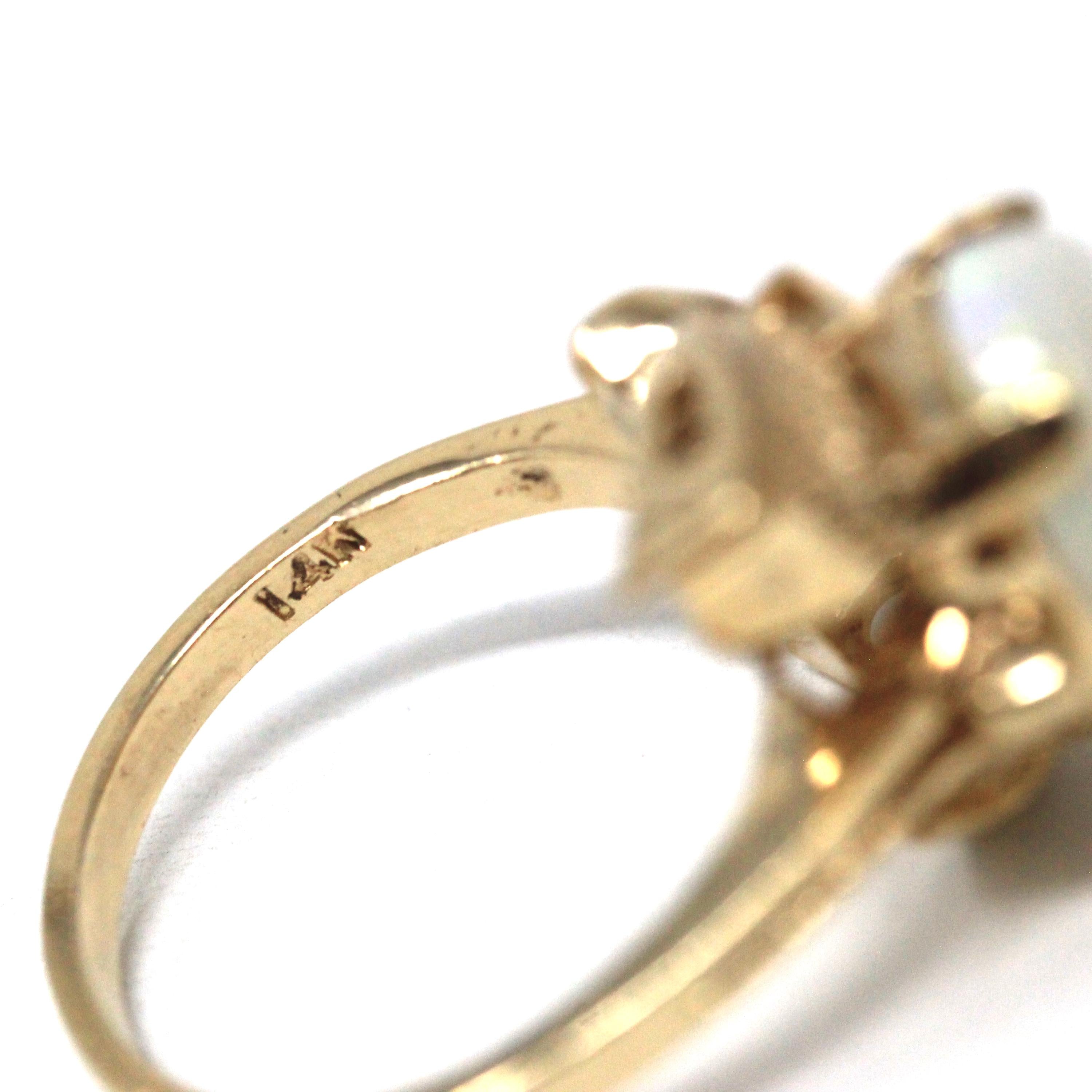 Vintage Opal Ring - Retro 14k Yellow Gold Natural Gemstone Solitaire - Circa 1970s Size 6 Swoop Leaf Design October Birthstone Fine Jewelry