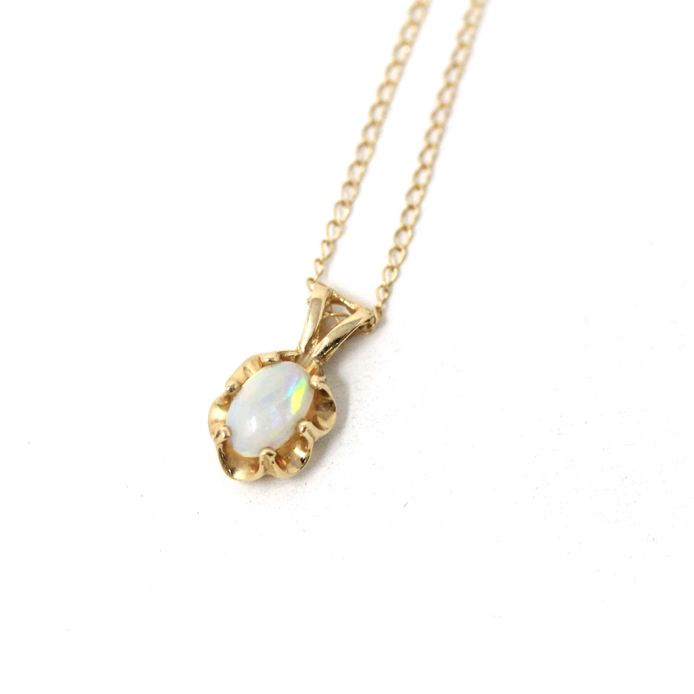 Natural Opal Pendant - Estate 14k Yellow Gold Cabochon Cut .25 CT Gem Necklace - Modern Circa 2000's Era October Birthstone Fine Jewelry