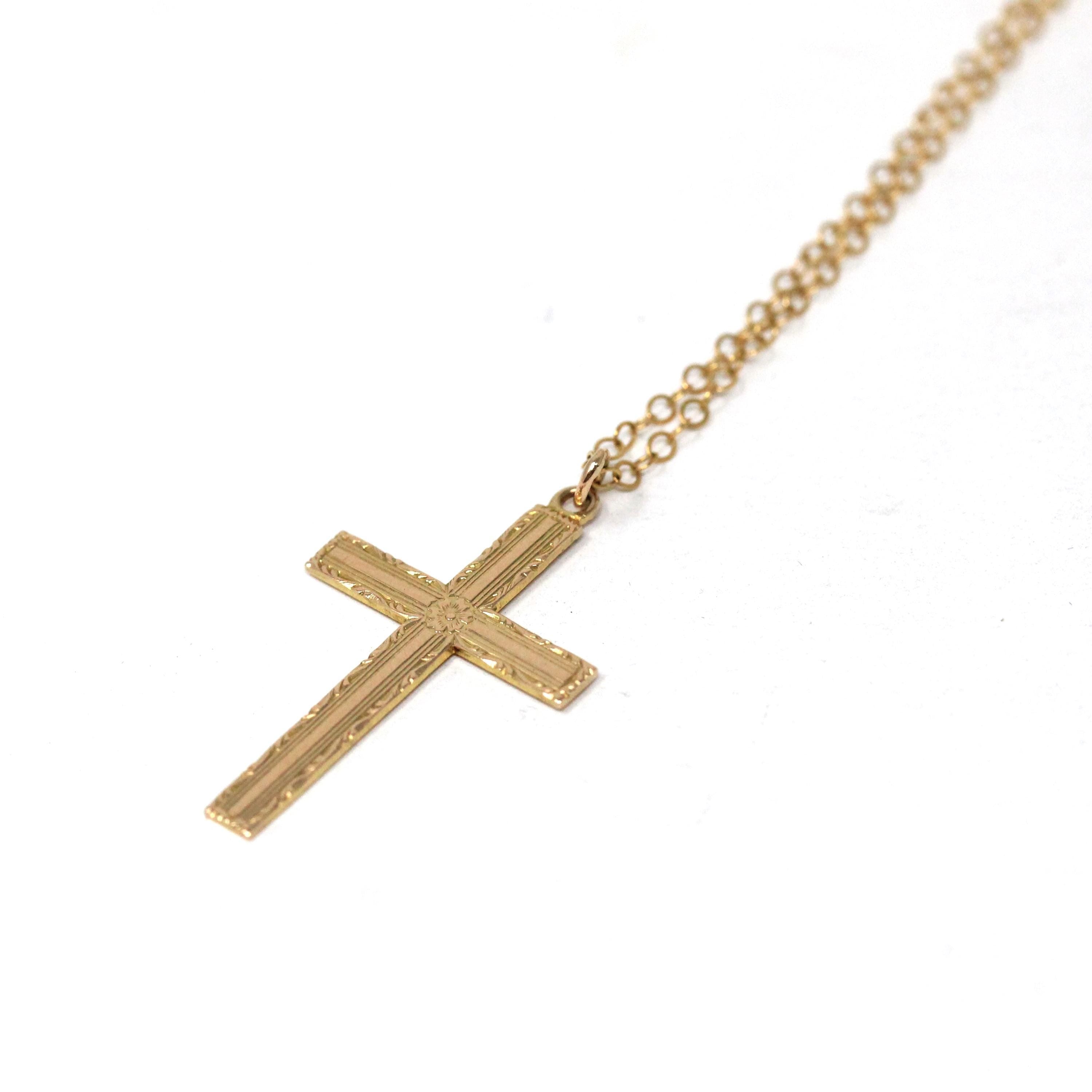 Vintage Cross Necklace - 10k Yellow Gold Engraved Etched Pendant Charm - Circa 1940s Era Petite Religious Faith Binder Bros 40s Fine Jewelry