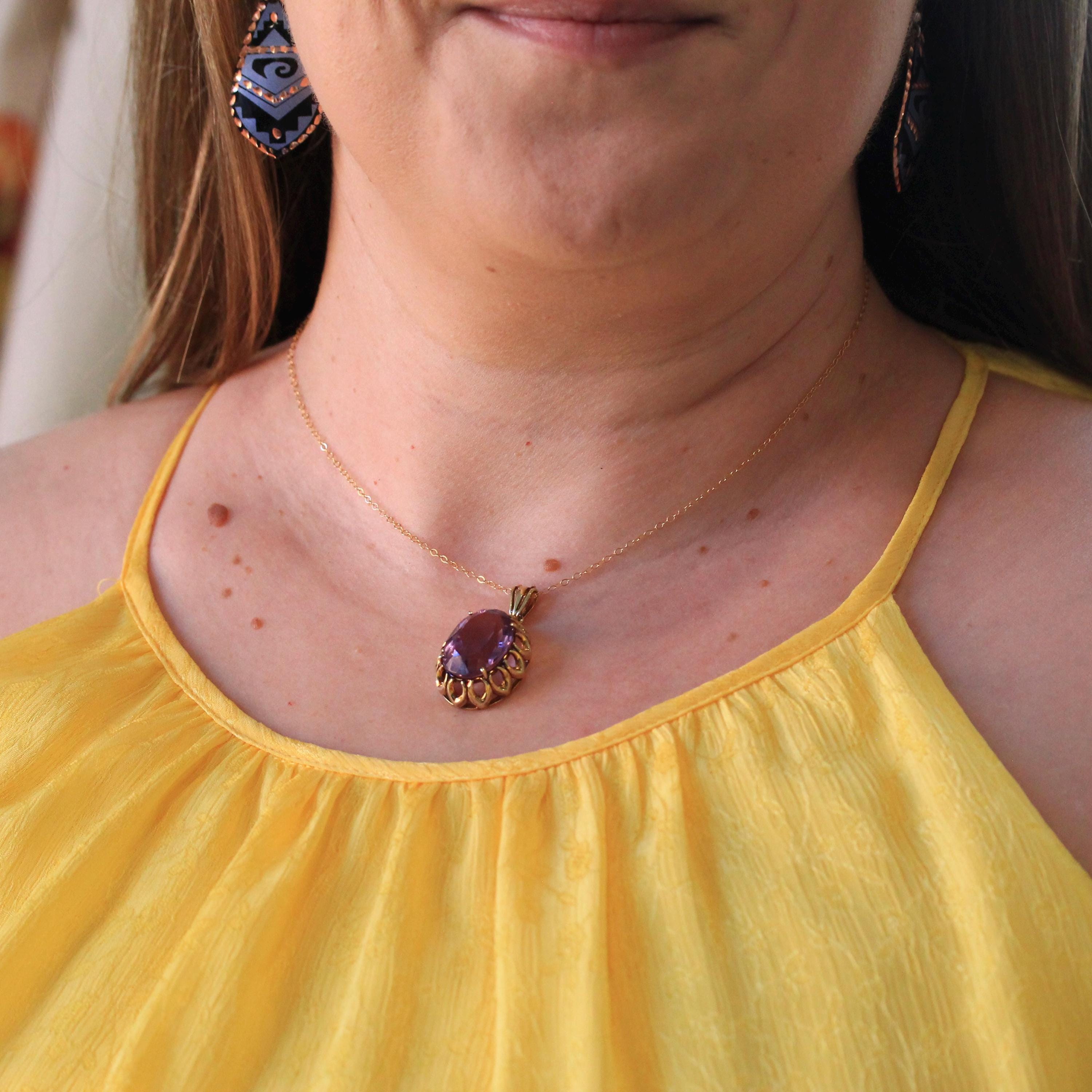 Natural Amethyst Pendant - Mid Century 14k Yellow Gold Oval Faceted Purple Gemstone Necklace - Vintage Statement February Birthstone Jewelry