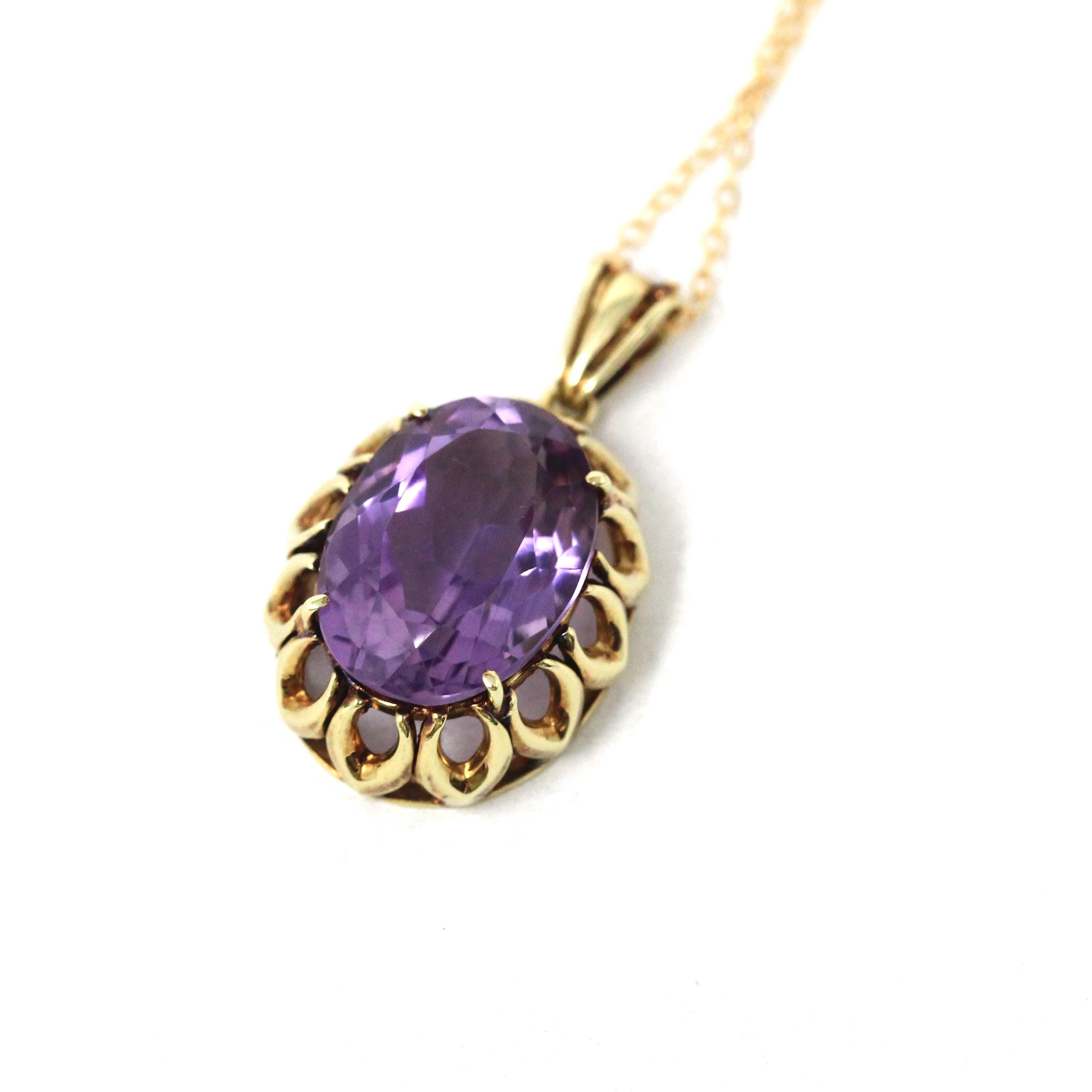 Natural Amethyst Pendant - Mid Century 14k Yellow Gold Oval Faceted Purple Gemstone Necklace - Vintage Statement February Birthstone Jewelry