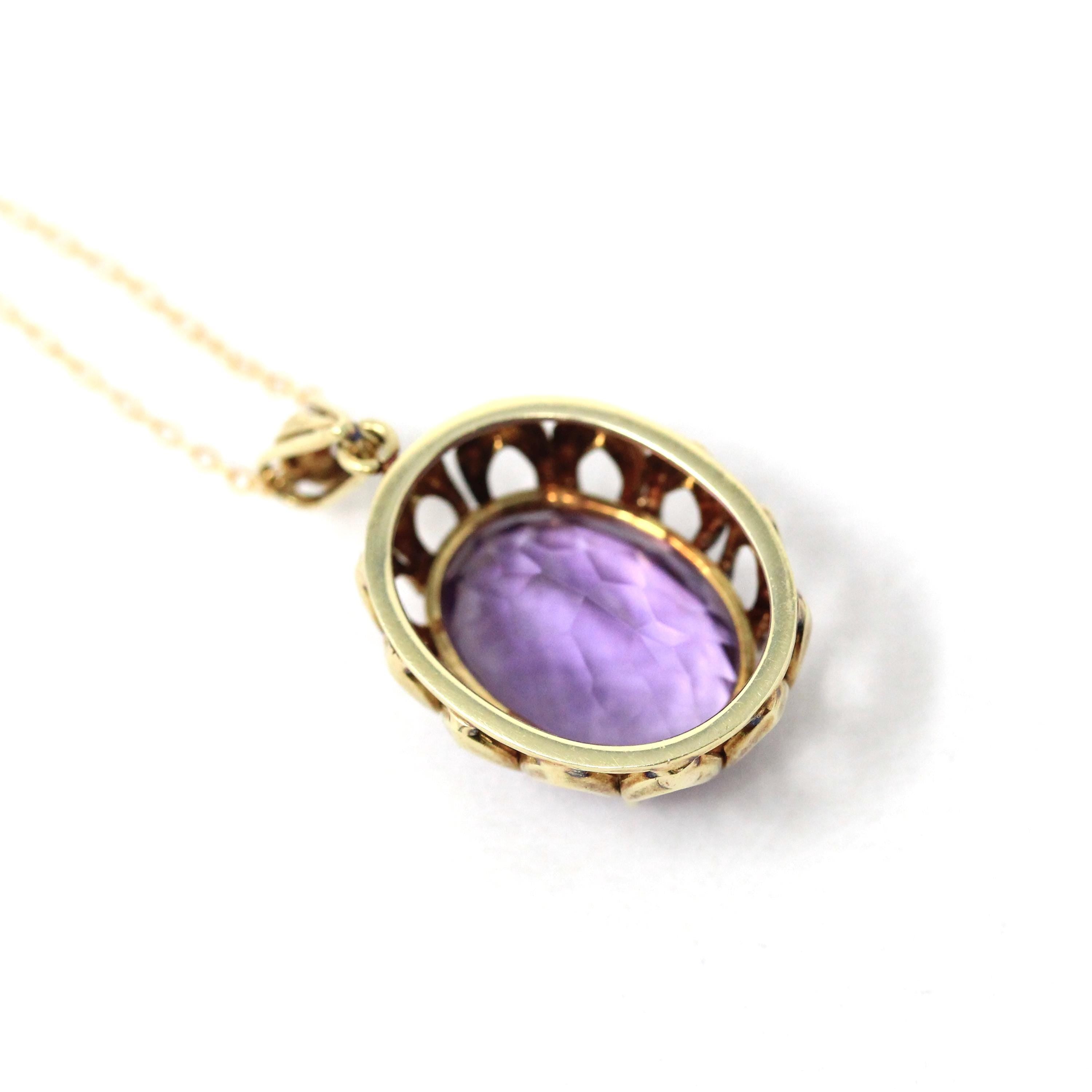 Natural Amethyst Pendant - Mid Century 14k Yellow Gold Oval Faceted Purple Gemstone Necklace - Vintage Statement February Birthstone Jewelry