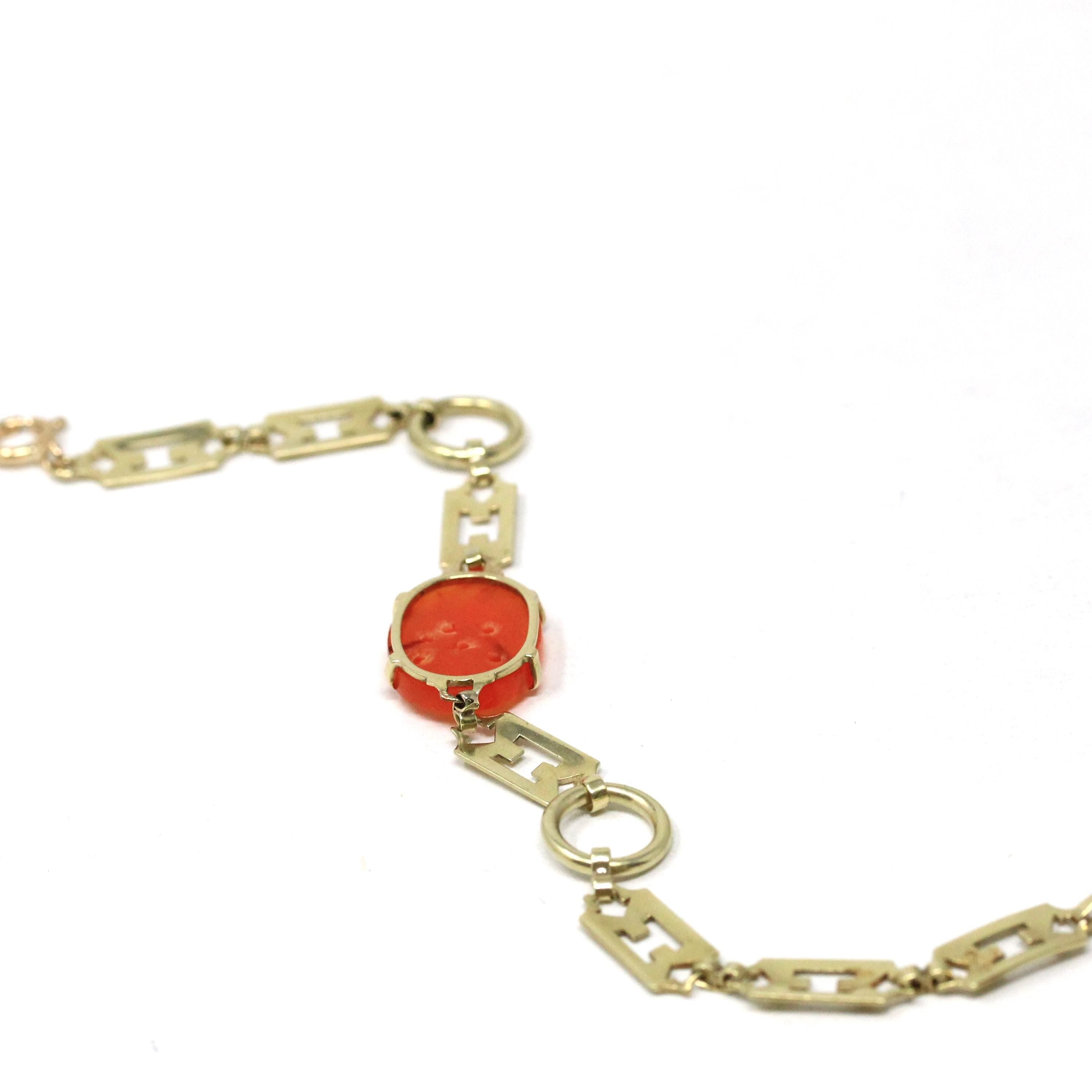 Art Deco Carnelian Bracelet - Antique 14k Yellow Gold Floral Bird Carved Natural Gem - Circa 1920s Era Panel Link Fashion Accessory Jewelry