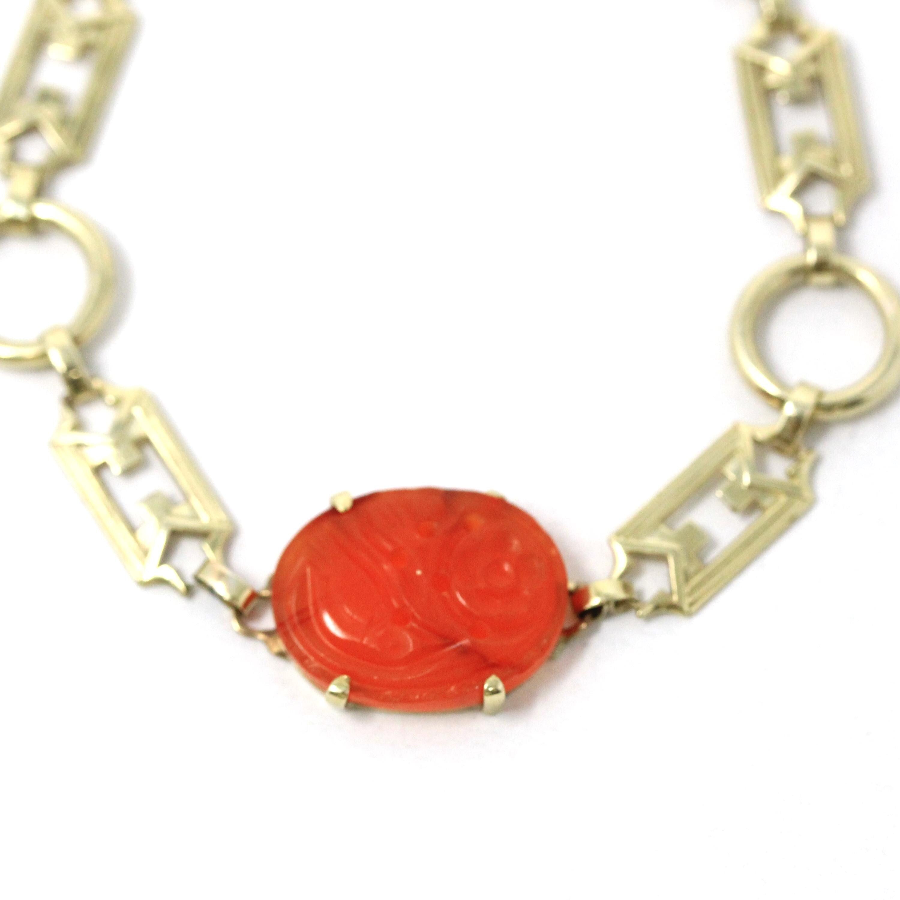 Art Deco Carnelian Bracelet - Antique 14k Yellow Gold Floral Bird Carved Natural Gem - Circa 1920s Era Panel Link Fashion Accessory Jewelry