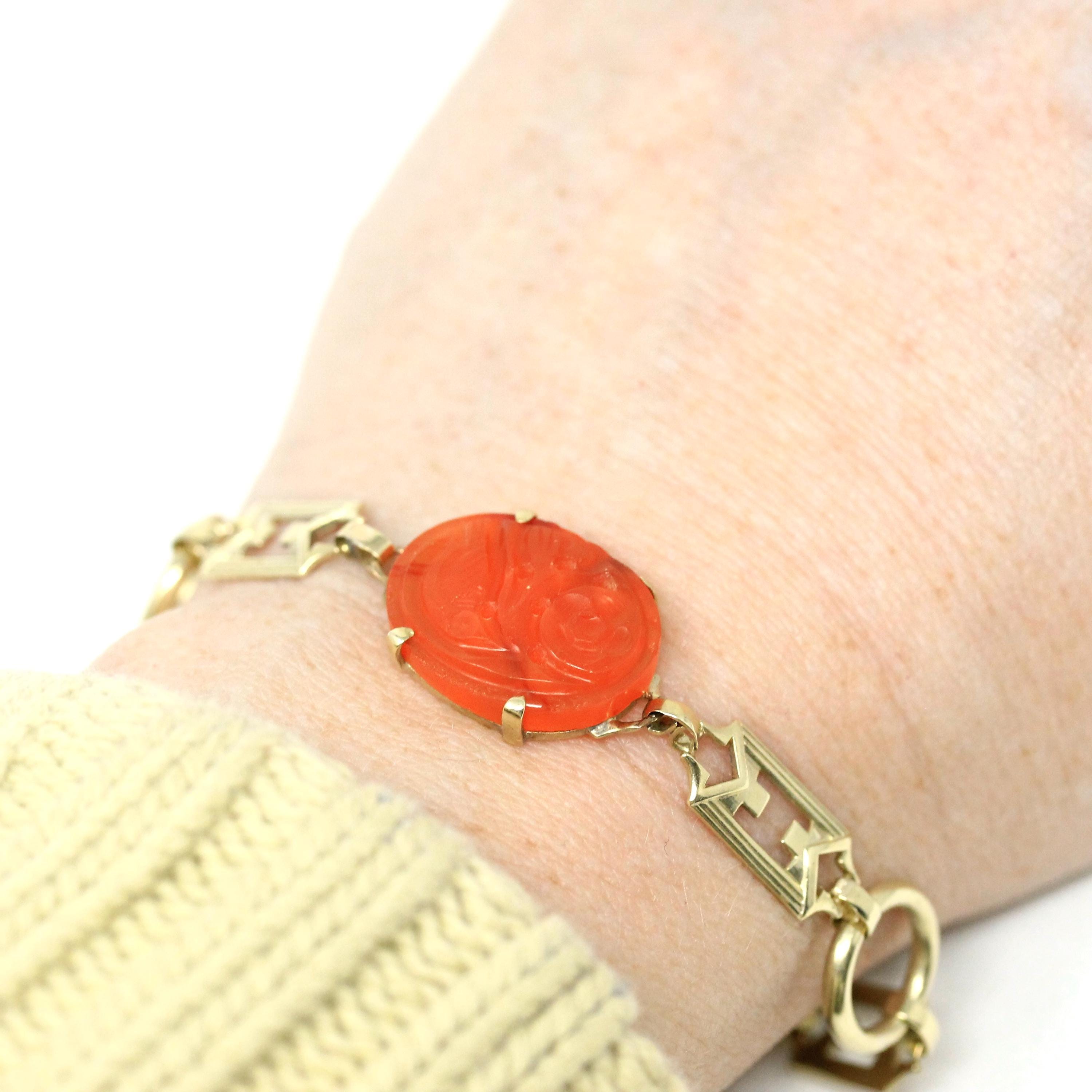 Art Deco Carnelian Bracelet - Antique 14k Yellow Gold Floral Bird Carved Natural Gem - Circa 1920s Era Panel Link Fashion Accessory Jewelry
