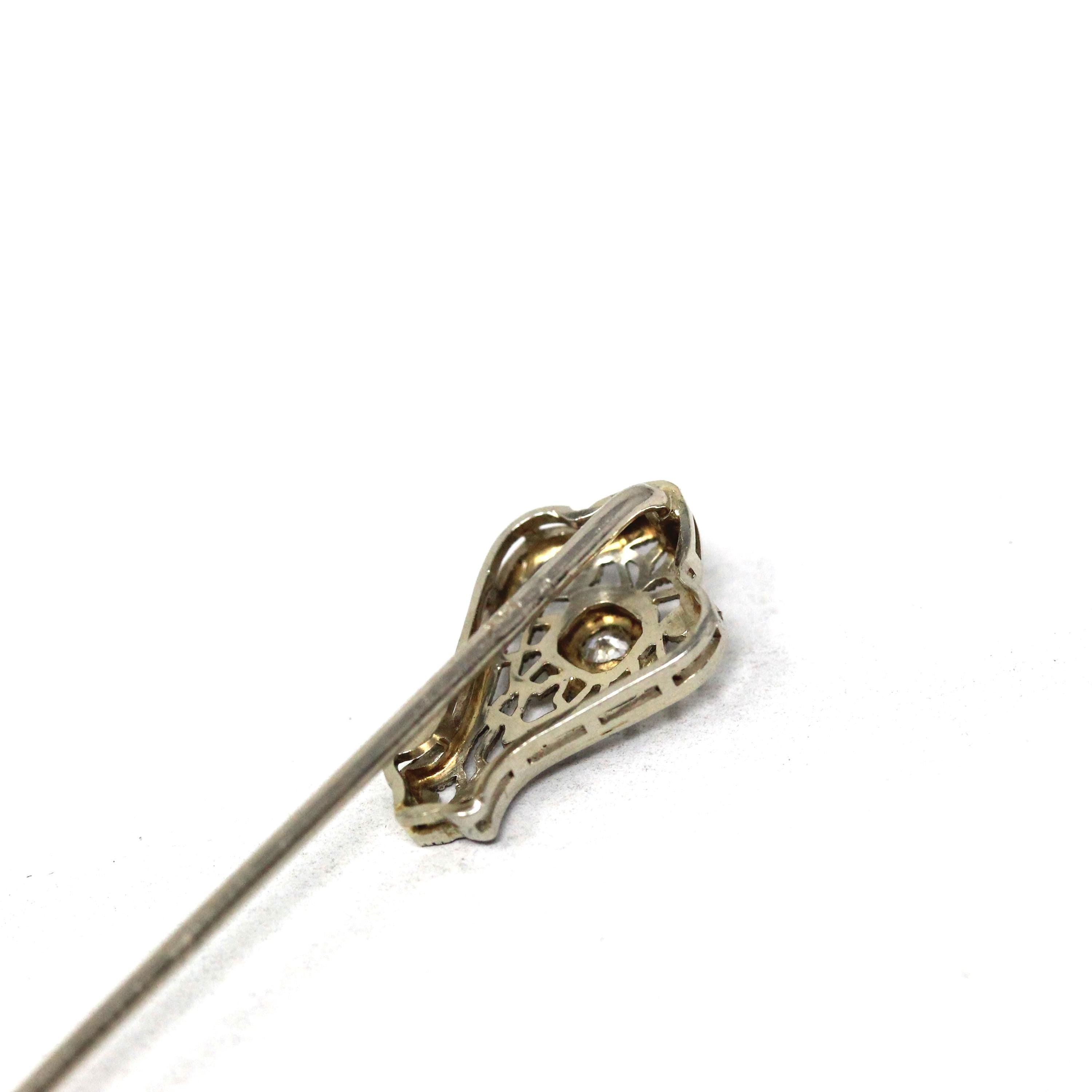Vintage Filigree Pin - Art Deco 14k White Gold Natural Diamond Gemstone - Circa 1930s Era Fashion Accessory Dark Blue Enamel Fine Jewelry