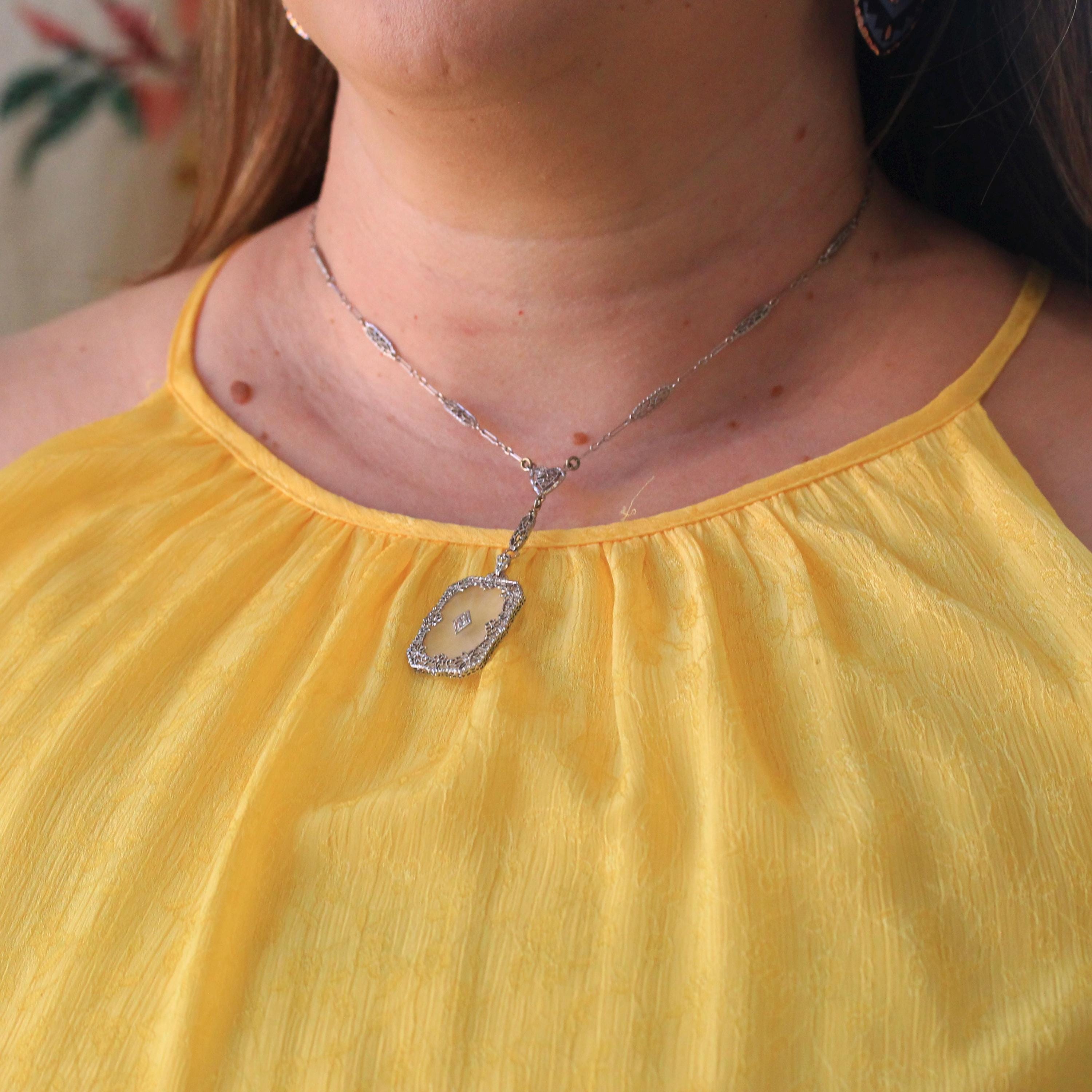 Rock Crystal Quartz Necklace - Art Deco 14k White Gold Natural Diamond Pendant Original Chain - Circa 1930s Statement Filigree Fine Jewelry