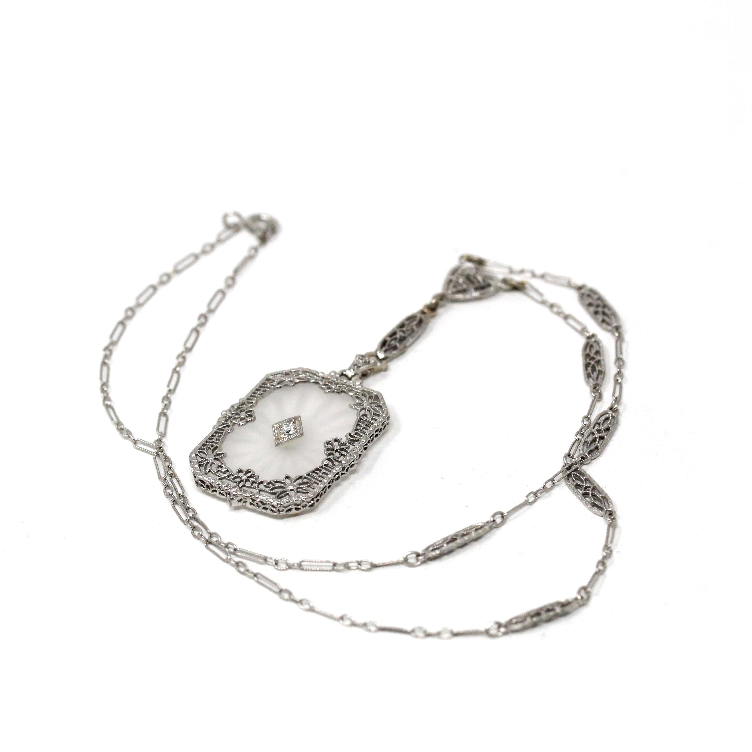 Rock Crystal Quartz Necklace - Art Deco 14k White Gold Natural Diamond Pendant Original Chain - Circa 1930s Statement Filigree Fine Jewelry
