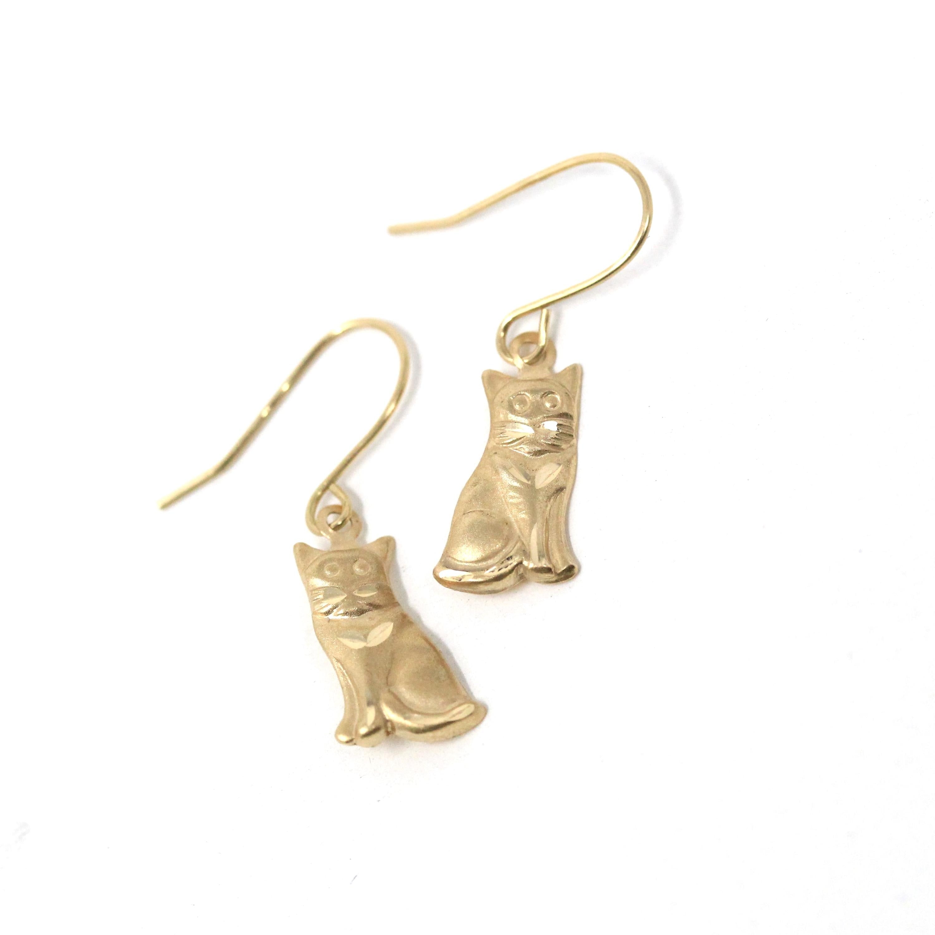 Vintage Cat Earrings - Estate 14k Yellow Gold Kitten Animal Drop Dangle Wire Hooks - Modern Figural Dainty Feline Kitty Fine 90s Era Jewelry