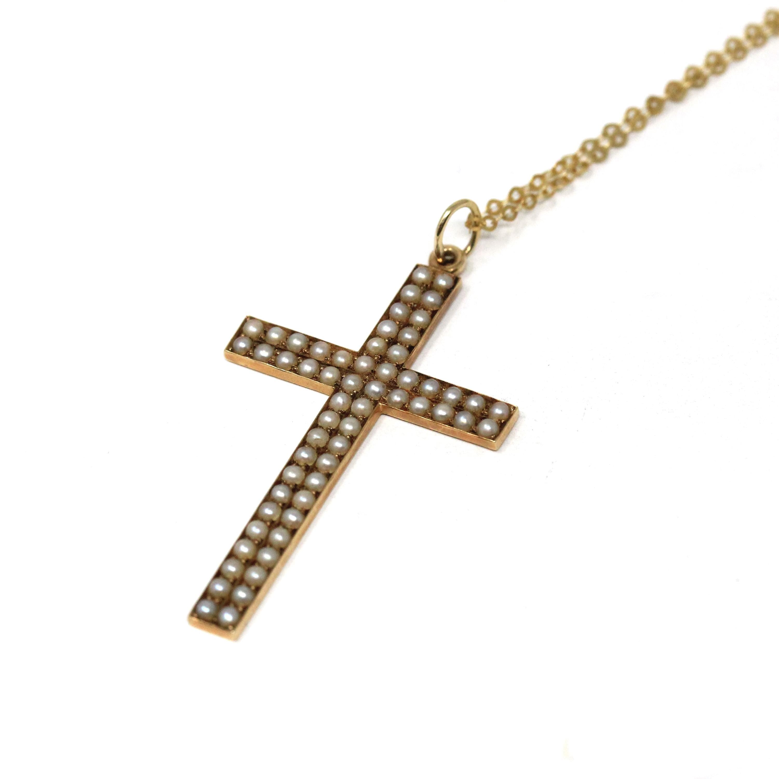 Antique Cross Pendant - Edwardian 14k Yellow Gold Seed Pearls Statement Charm Necklace - Vintage Circa Early 1900s Era 2 inch Fine Jewelry