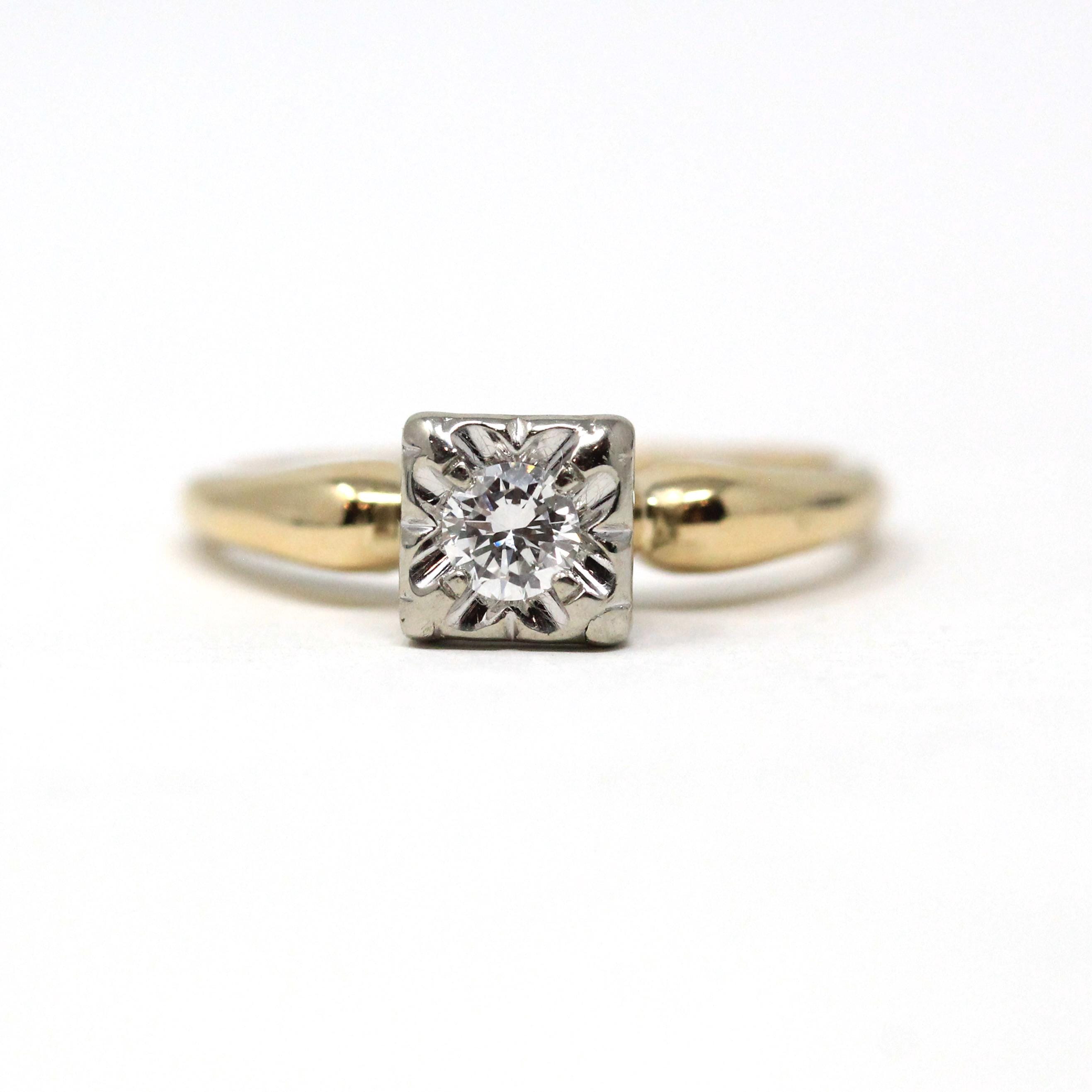 Vintage Engagement Ring - Mid Century Era 14k Yellow & White Gold .17 CT Diamond Solitaire - Circa 1950s Size 6 1/4 Fine Bridal Jewelry