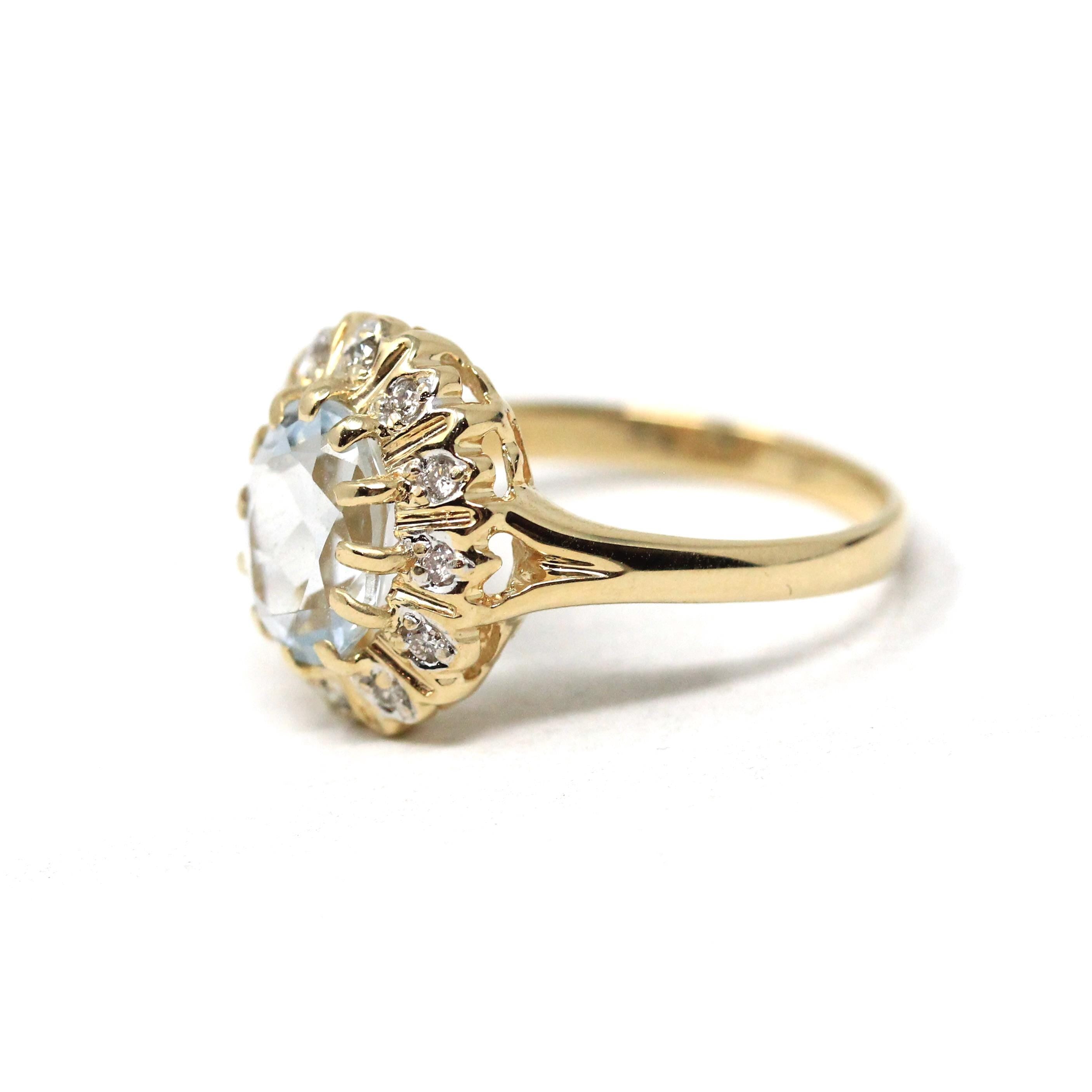 Aquamarine Halo Ring - Modern 14k Yellow Gold Natural Diamonds Accents - Estate 1990s Size 7 1/4 March Birthstone Fine Statement Jewelry