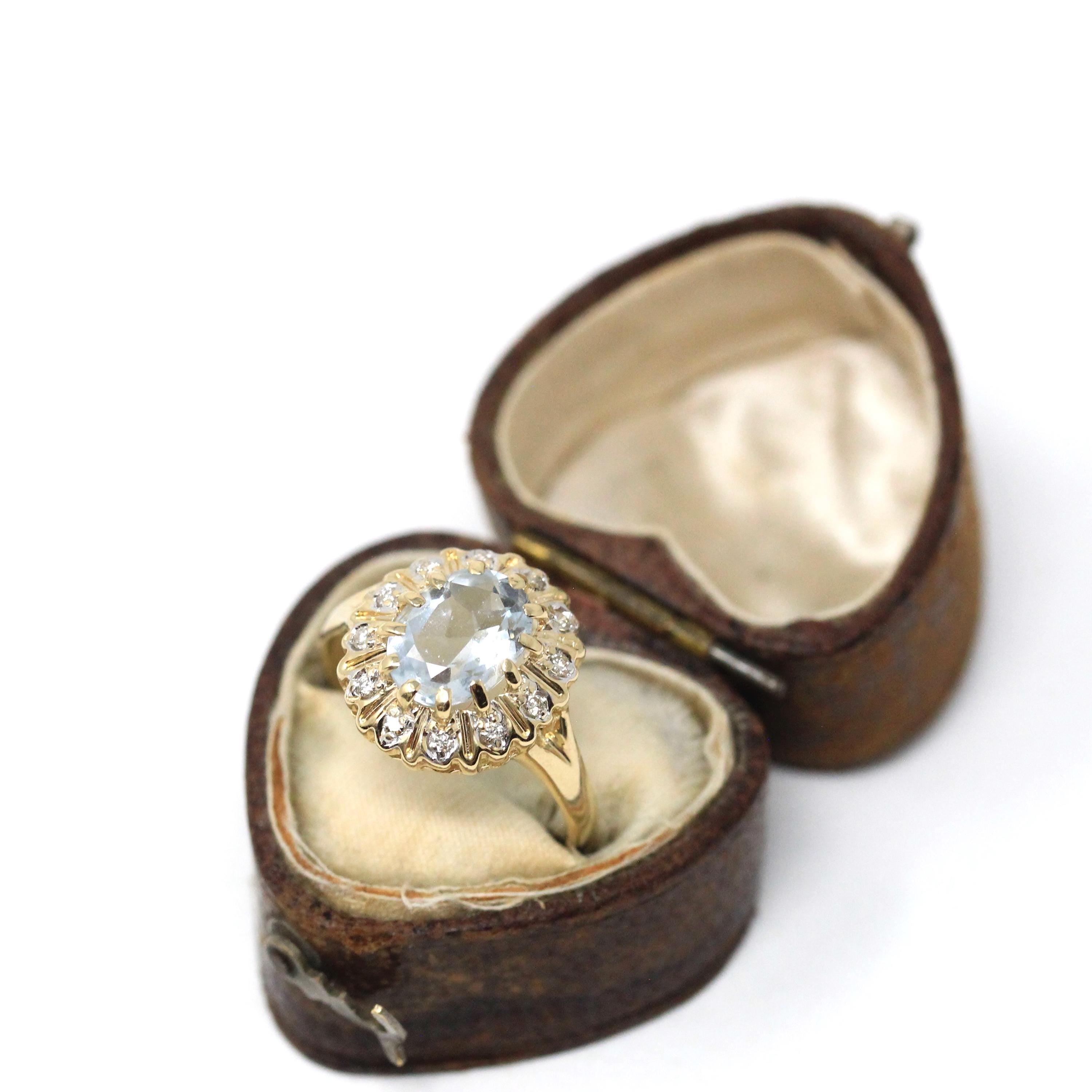 Aquamarine Halo Ring - Modern 14k Yellow Gold Natural Diamonds Accents - Estate 1990s Size 7 1/4 March Birthstone Fine Statement Jewelry