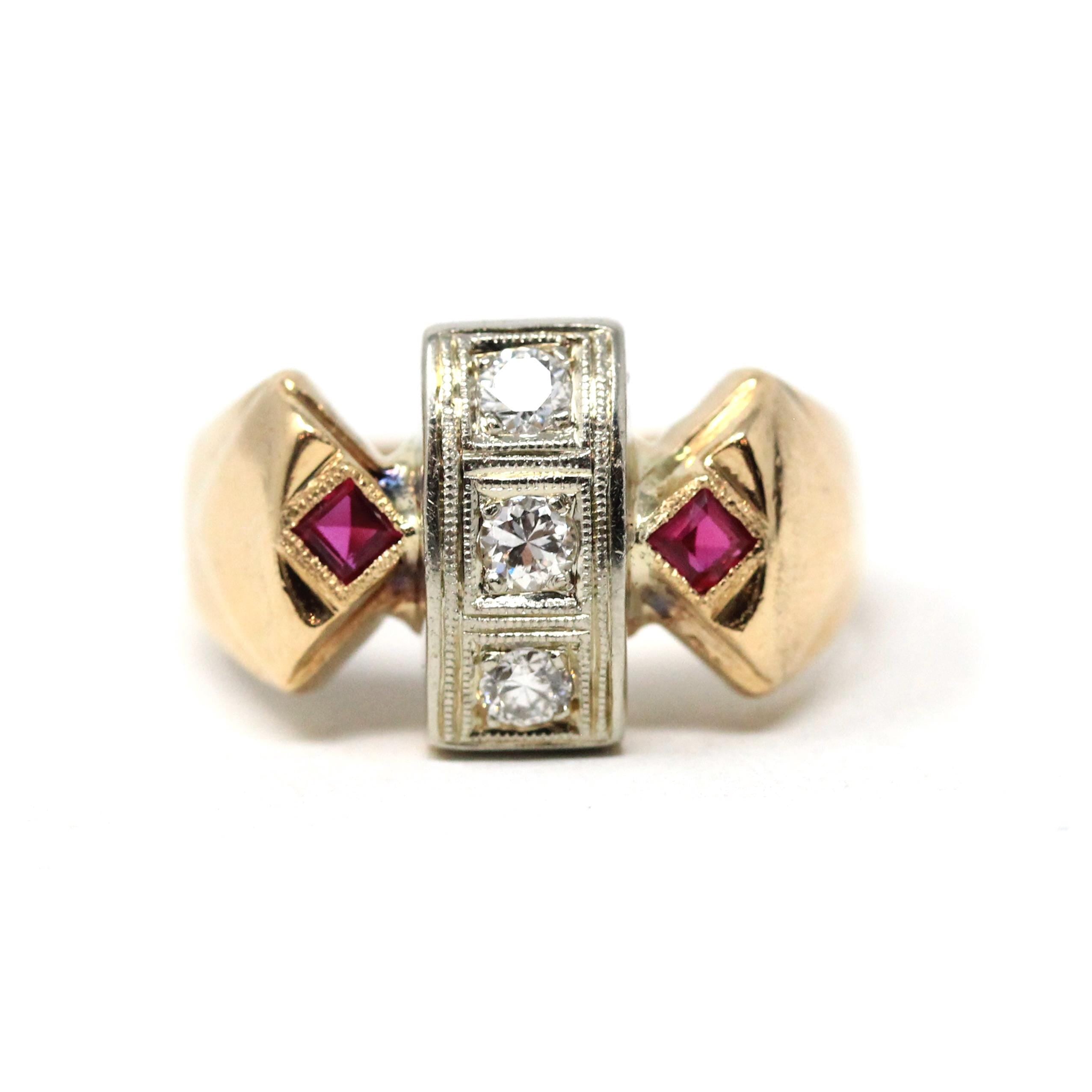 Vintage Diamond Ring - Retro 14k Yellow & White Gold Created Ruby Statement - Circa 1960s Size 9 1/4 Two Tone Men's Unisex Fine Jewelry