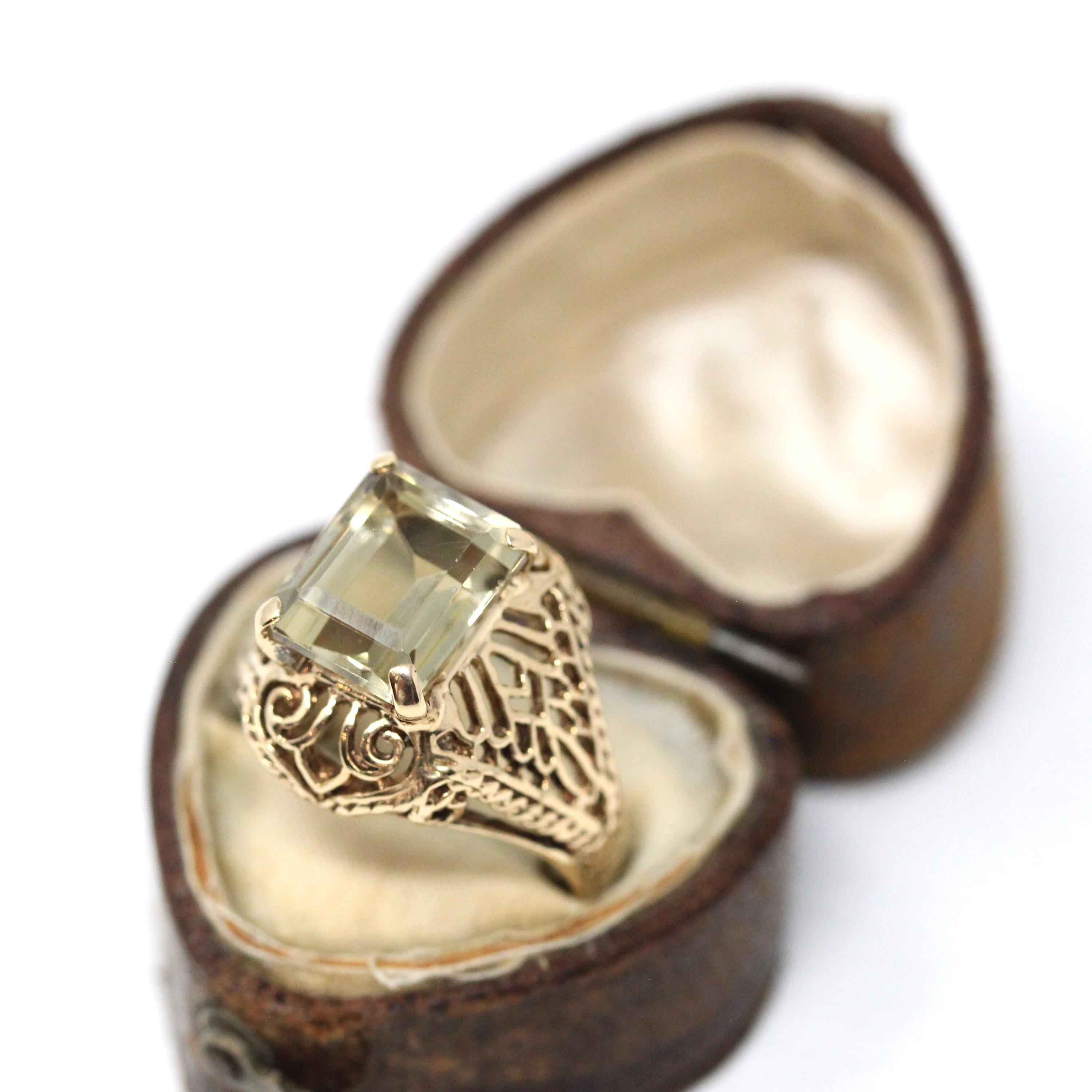 Modern Citrine Ring - Estate 10k Yellow Gold Natural Yellow Quartz Gemstone - Circa 2000s Size 6 3/4 Filigree Art Deco Style Fine Jewelry