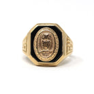 Onyx Signet Ring - Mid Century 10k Yellow Gold Natural Black Chalcedony Gem - Dated 1954 Size 8 Evening High School of Baltimore Owl Jewelry