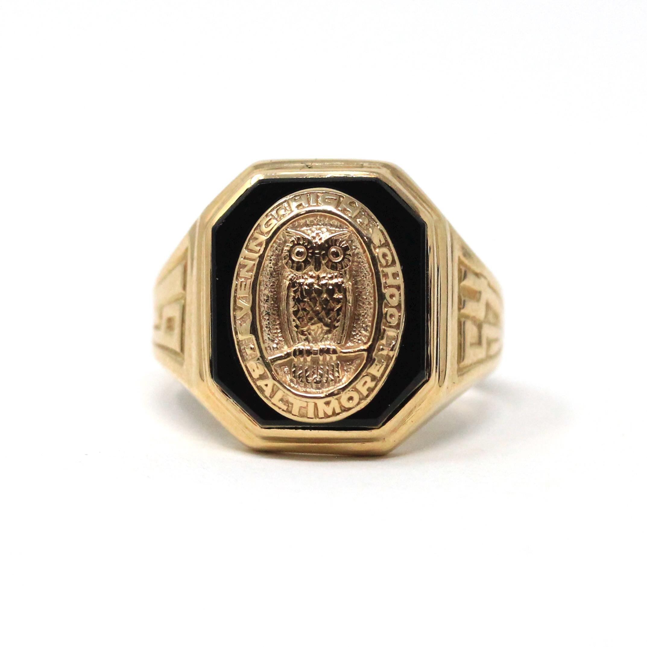 Onyx Signet Ring - Mid Century 10k Yellow Gold Natural Black Chalcedony Gem - Dated 1954 Size 8 Evening High School of Baltimore Owl Jewelry