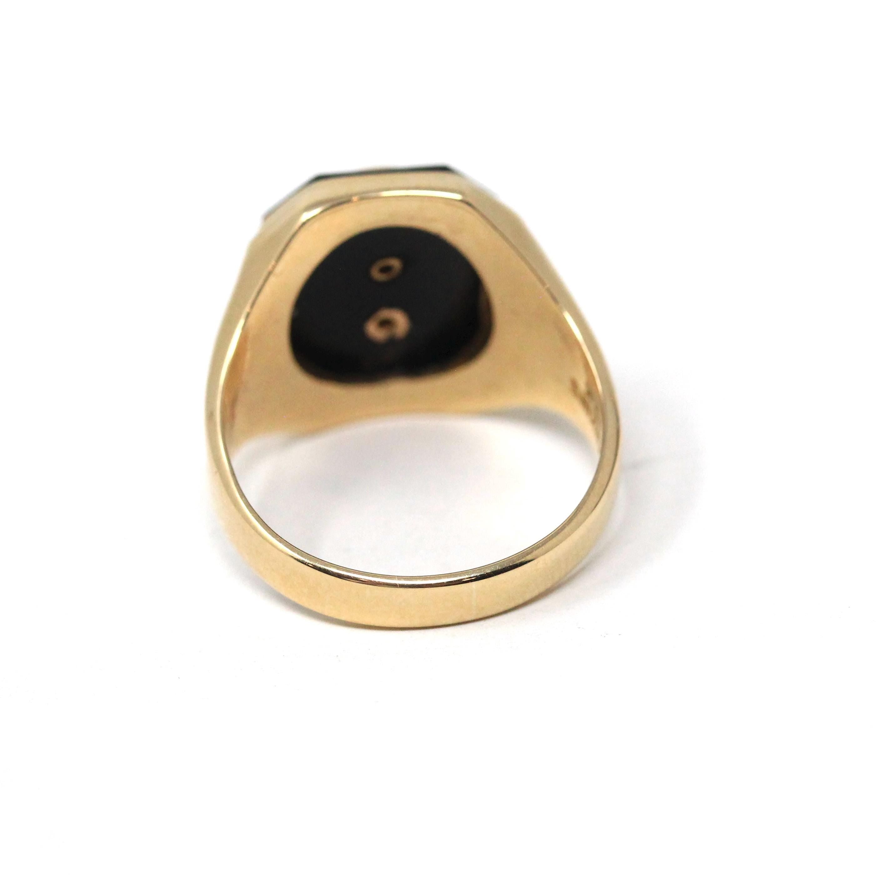 Onyx Signet Ring - Mid Century 10k Yellow Gold Natural Black Chalcedony Gem - Dated 1954 Size 8 Evening High School of Baltimore Owl Jewelry