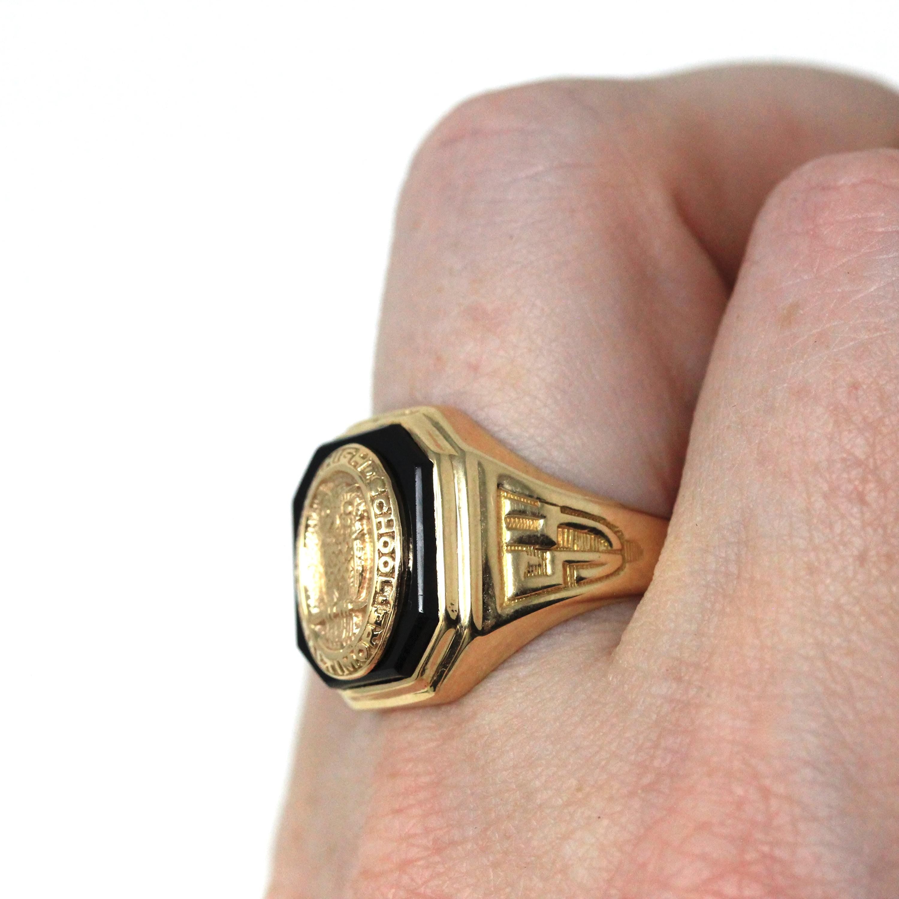 Onyx Signet Ring - Mid Century 10k Yellow Gold Natural Black Chalcedony Gem - Dated 1954 Size 8 Evening High School of Baltimore Owl Jewelry