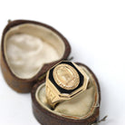 Onyx Signet Ring - Mid Century 10k Yellow Gold Natural Black Chalcedony Gem - Dated 1954 Size 8 Evening High School of Baltimore Owl Jewelry