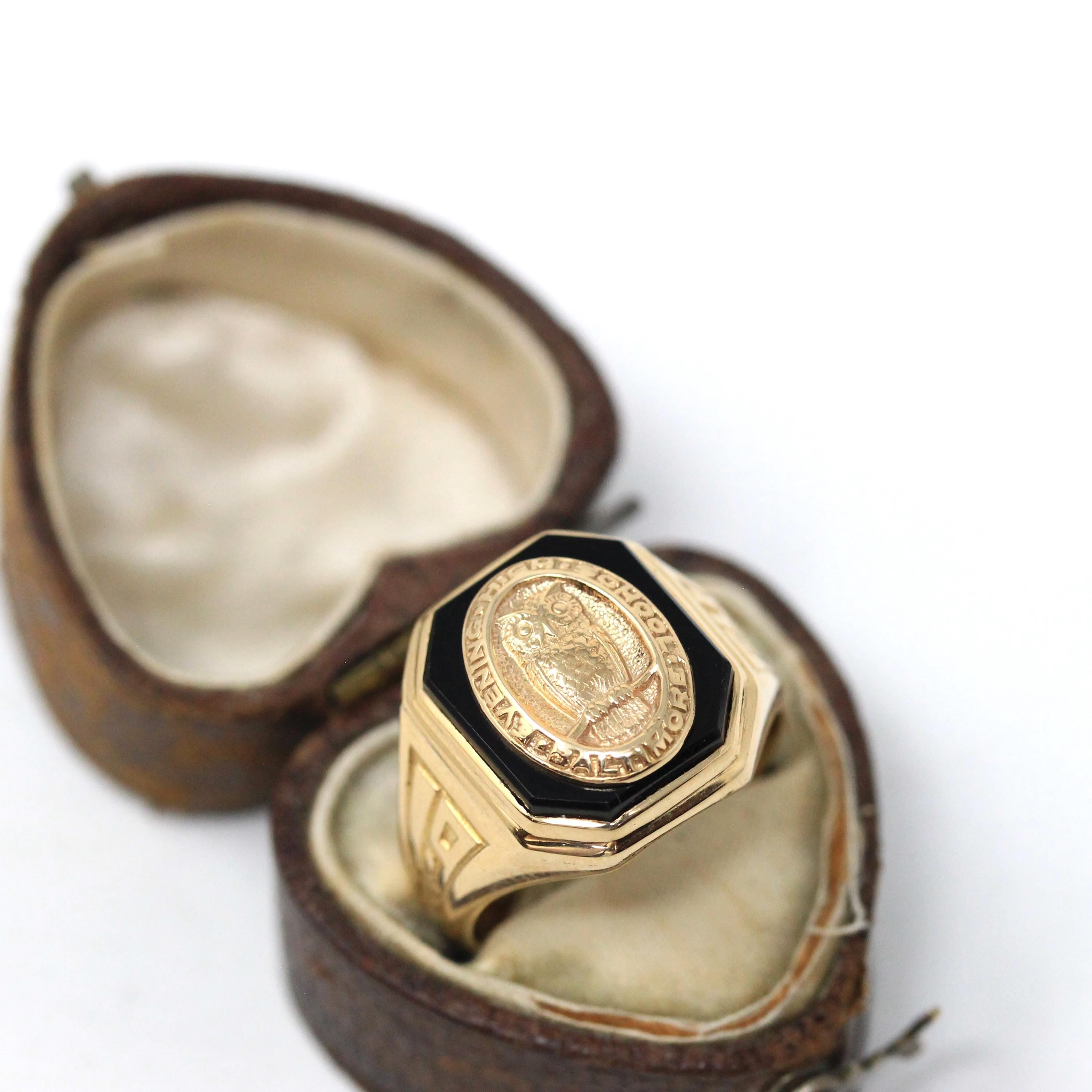 Onyx Signet Ring - Mid Century 10k Yellow Gold Natural Black Chalcedony Gem - Dated 1954 Size 8 Evening High School of Baltimore Owl Jewelry