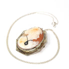 Habillé Cameo Pendant - Art Deco Era 14k White Gold Natural Diamond Carved Shell Woman's Profile Necklace - Vintage Circa 1930s Fine Jewelry