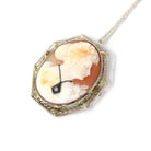 Habillé Cameo Pendant - Art Deco Era 14k White Gold Natural Diamond Carved Shell Woman's Profile Necklace - Vintage Circa 1930s Fine Jewelry