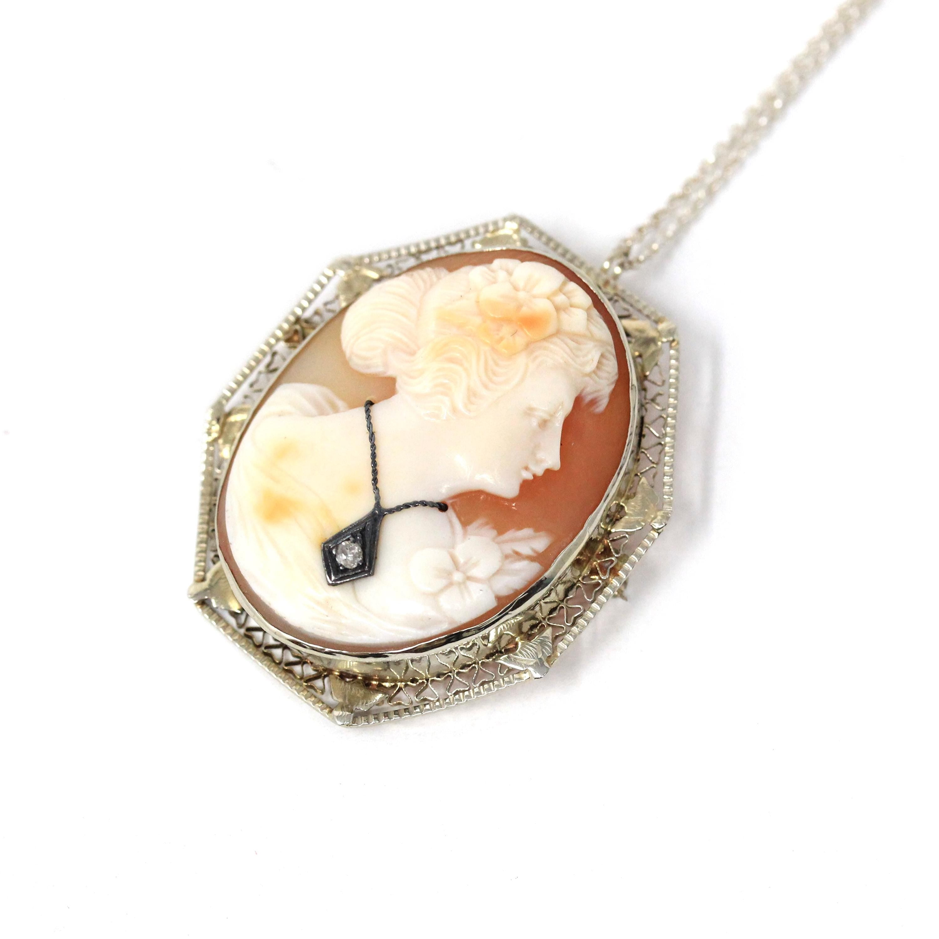 Habillé Cameo Pendant - Art Deco Era 14k White Gold Natural Diamond Carved Shell Woman's Profile Necklace - Vintage Circa 1930s Fine Jewelry